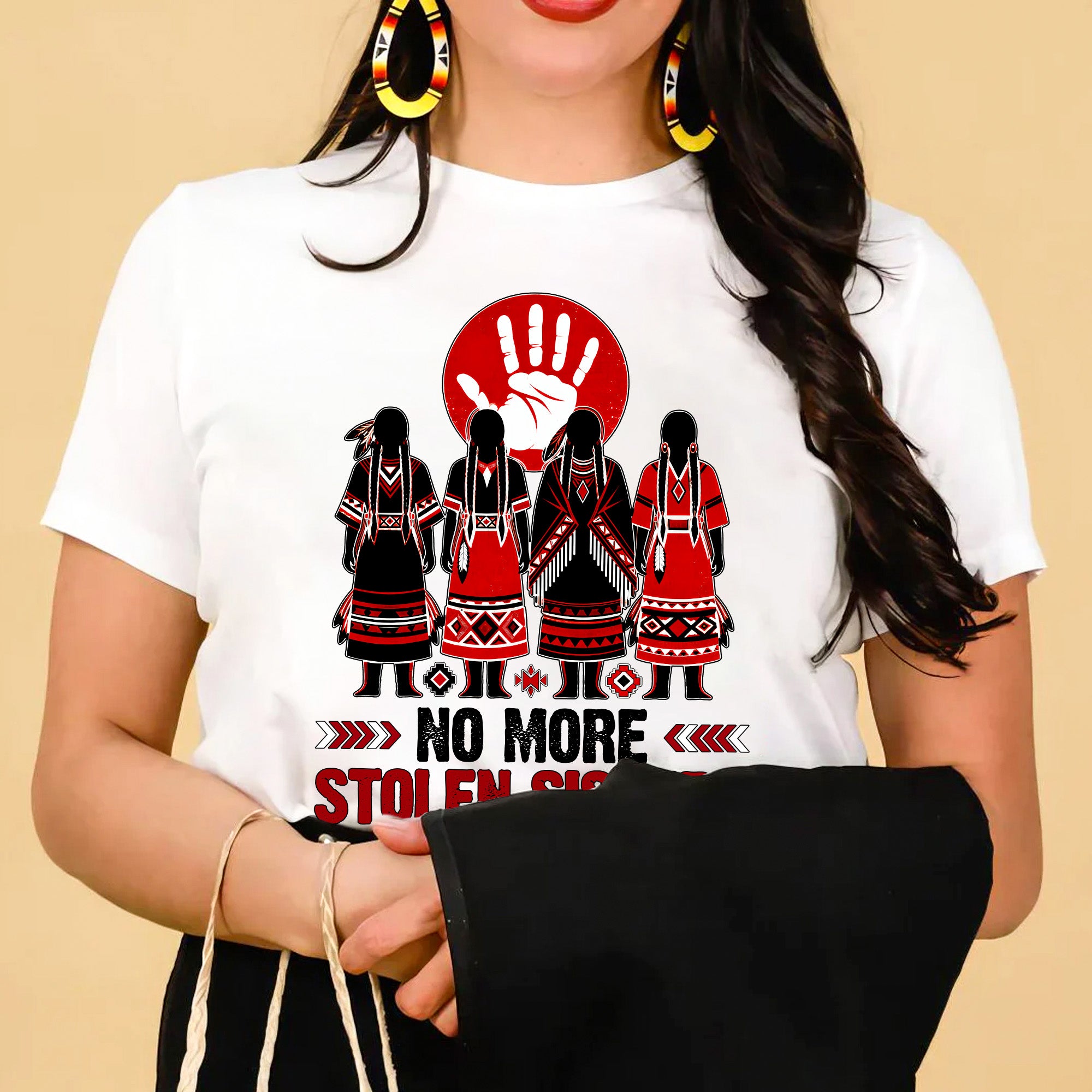 No More Stolen Sisters - Native American Red Hand & Silhouette Design Unisex T-shirt/T-shirt V-Neck/Hoodie/Sweatshirt