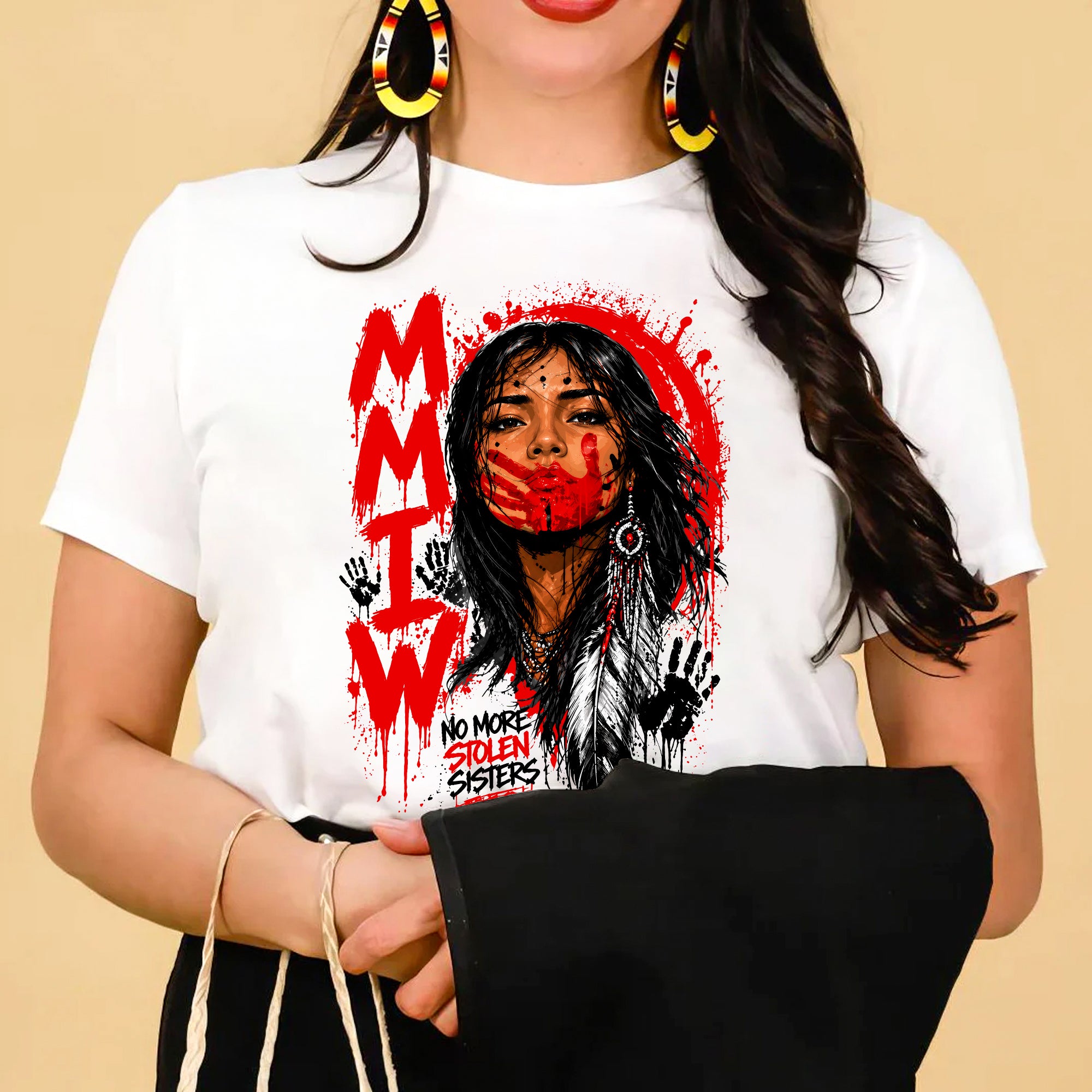 Voice of the Silent - MMIW Native Woman Portrait with Red Handprint Unisex T-shirt/T-shirt V-Neck/Hoodie/Sweatshirt