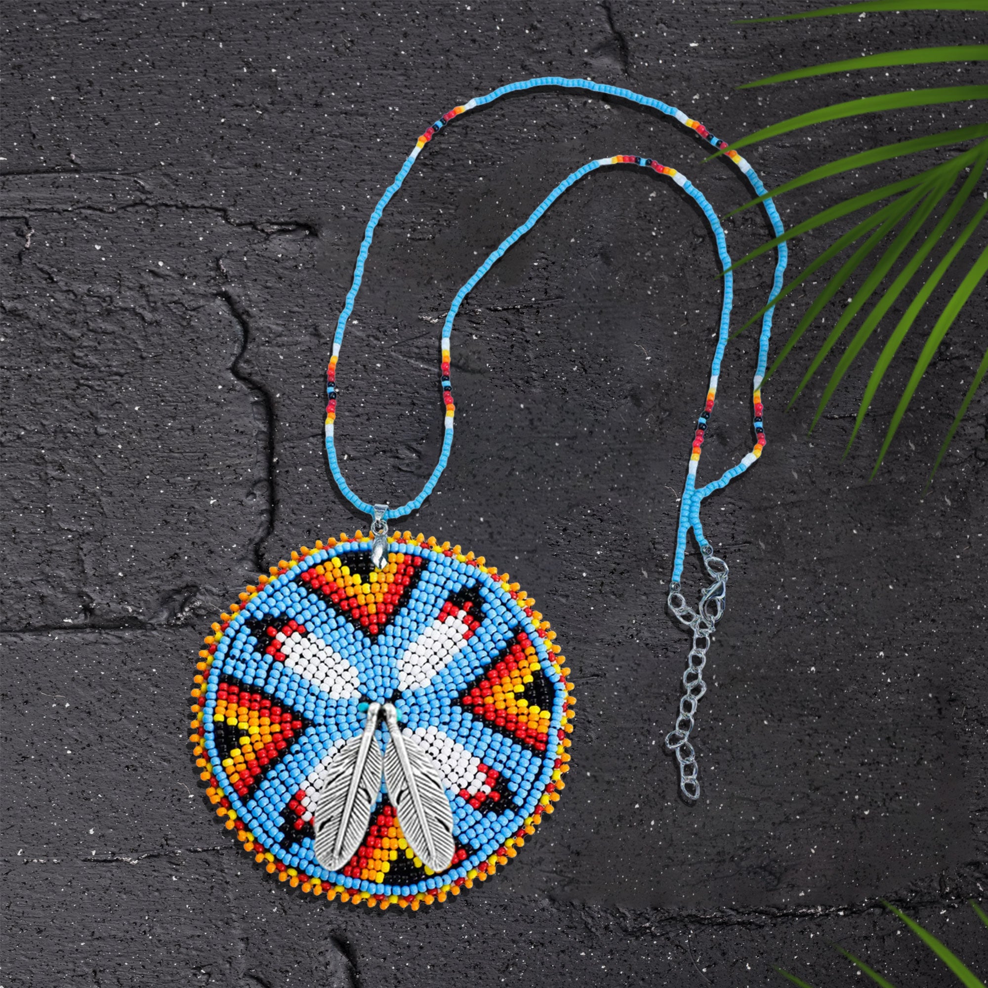 SALE 50% OFF - Four Feather Handmade Beaded Wire Necklace Pendant