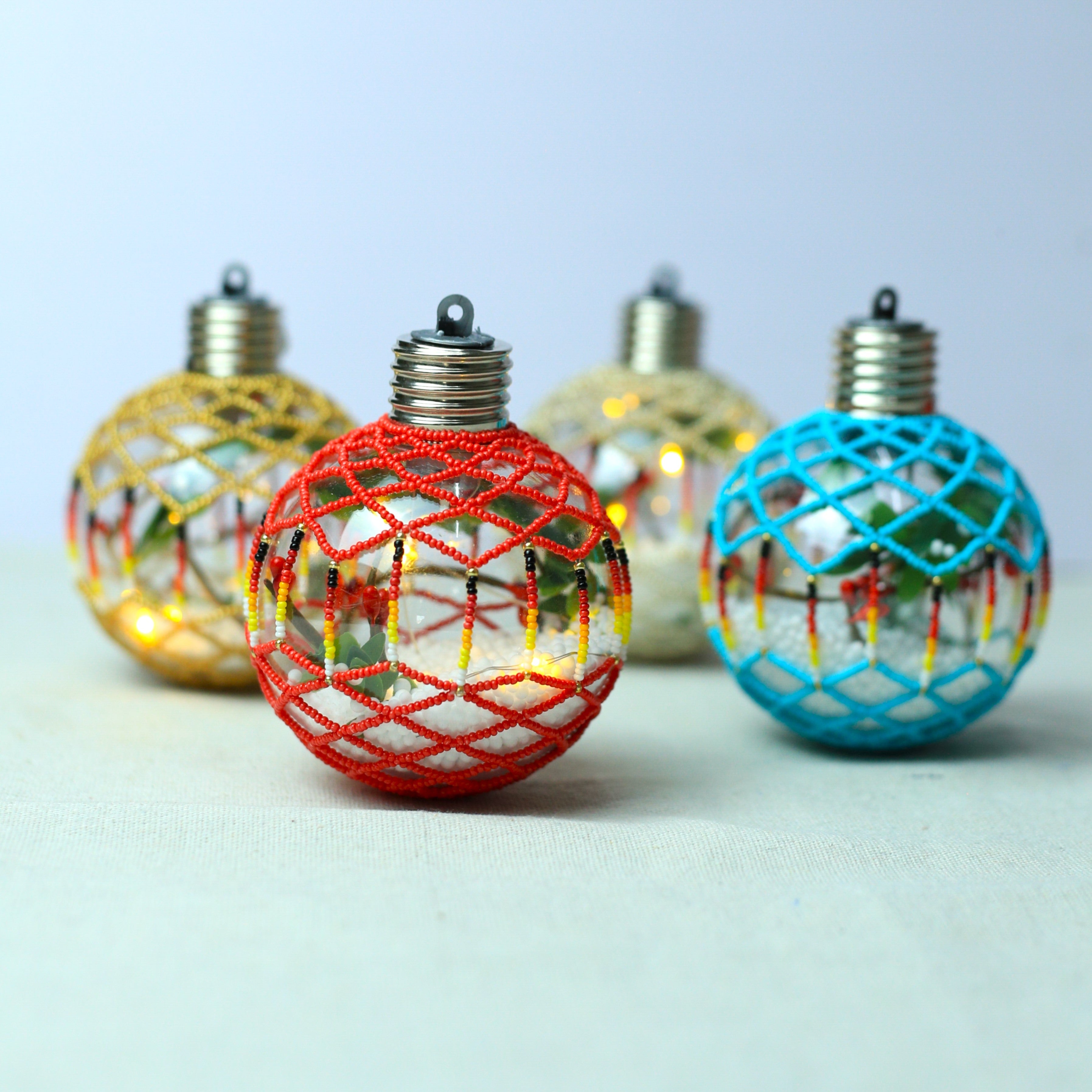 Red Sparkly Handmade Beaded Ornament with Luminous Lights Premium