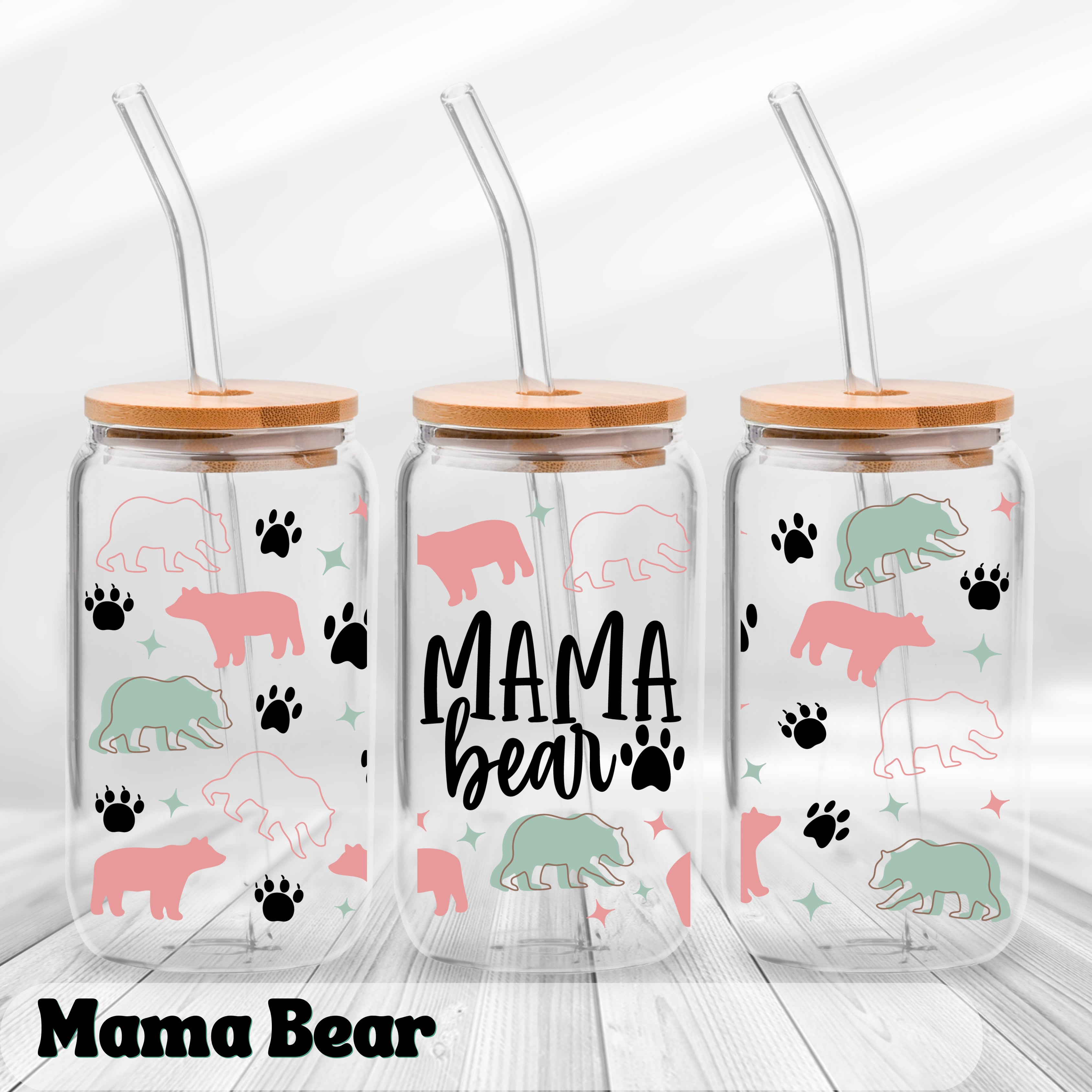 Mama and Grandma Bear - Borosilicate Glass Cup with Lid and Straw - Gift for Grandma and Mom, Special Grandma and Mom Appreciation Gift