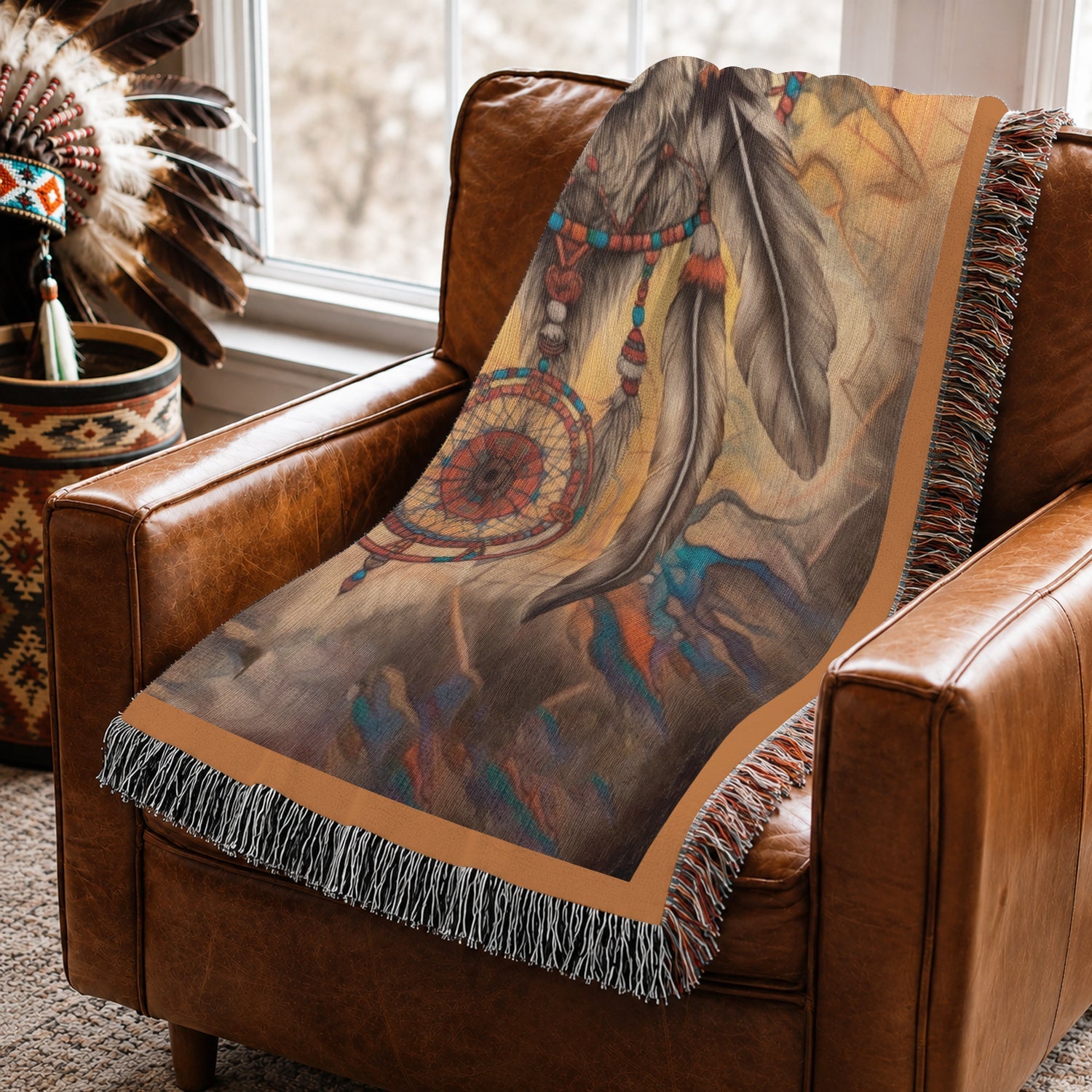 Native American Wolf Woven Throw Blanket - Dreamcatcher Decor