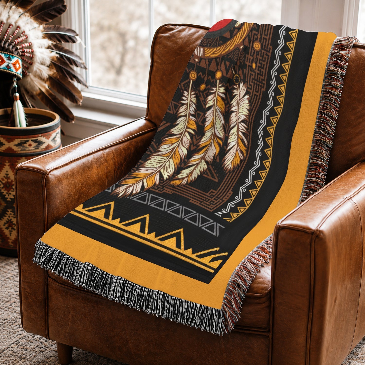 Medicine Wheel Woven Throw Blanket - Indigenous Tribal Decor
