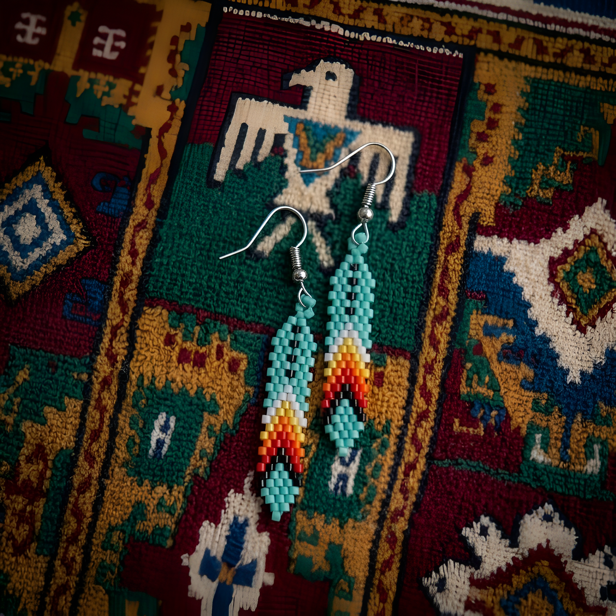 Native American Turquoise Beaded Feather Earrings – Handmade Seed Bead Jewelry