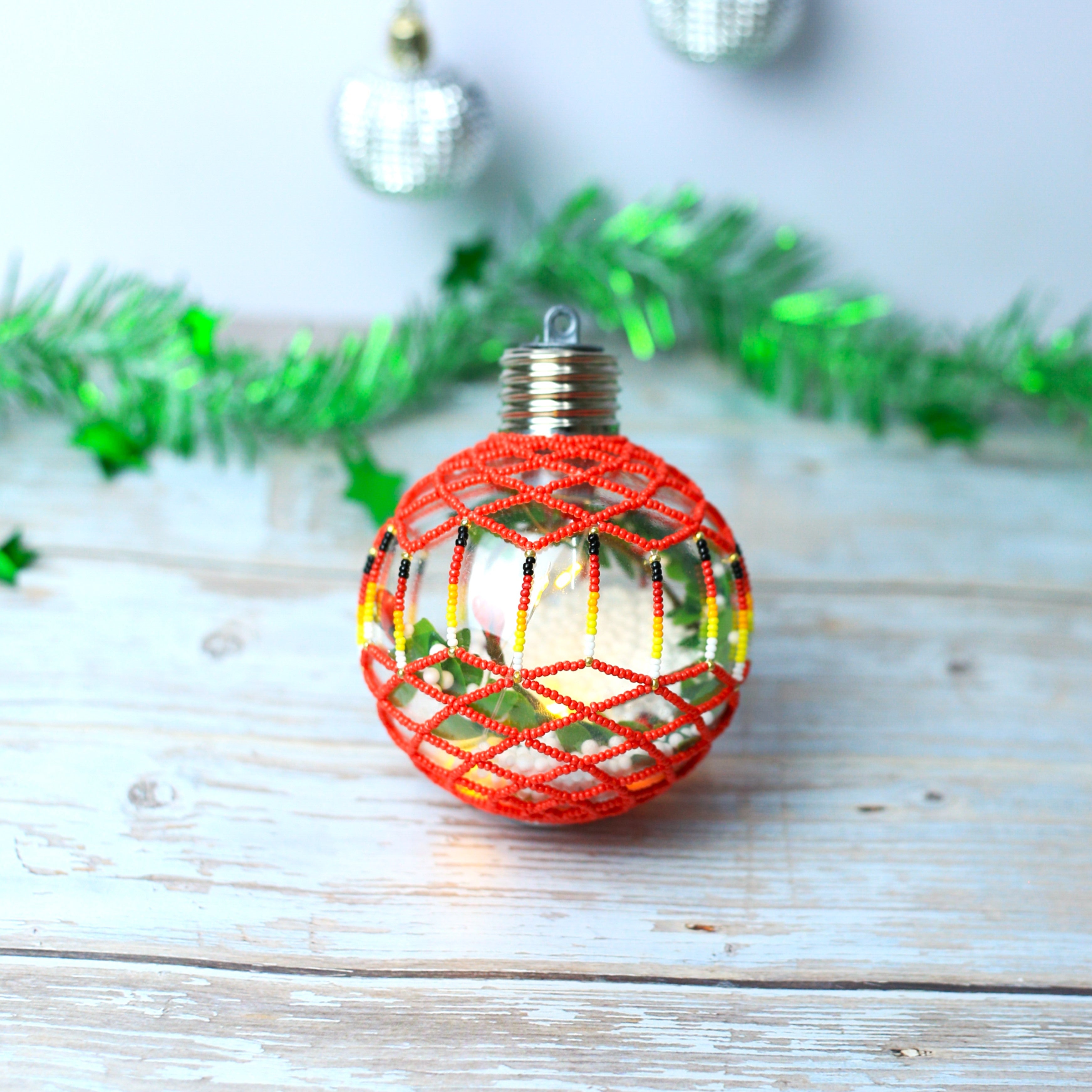 Red Sparkly Handmade Beaded Ornament with Luminous Lights Premium