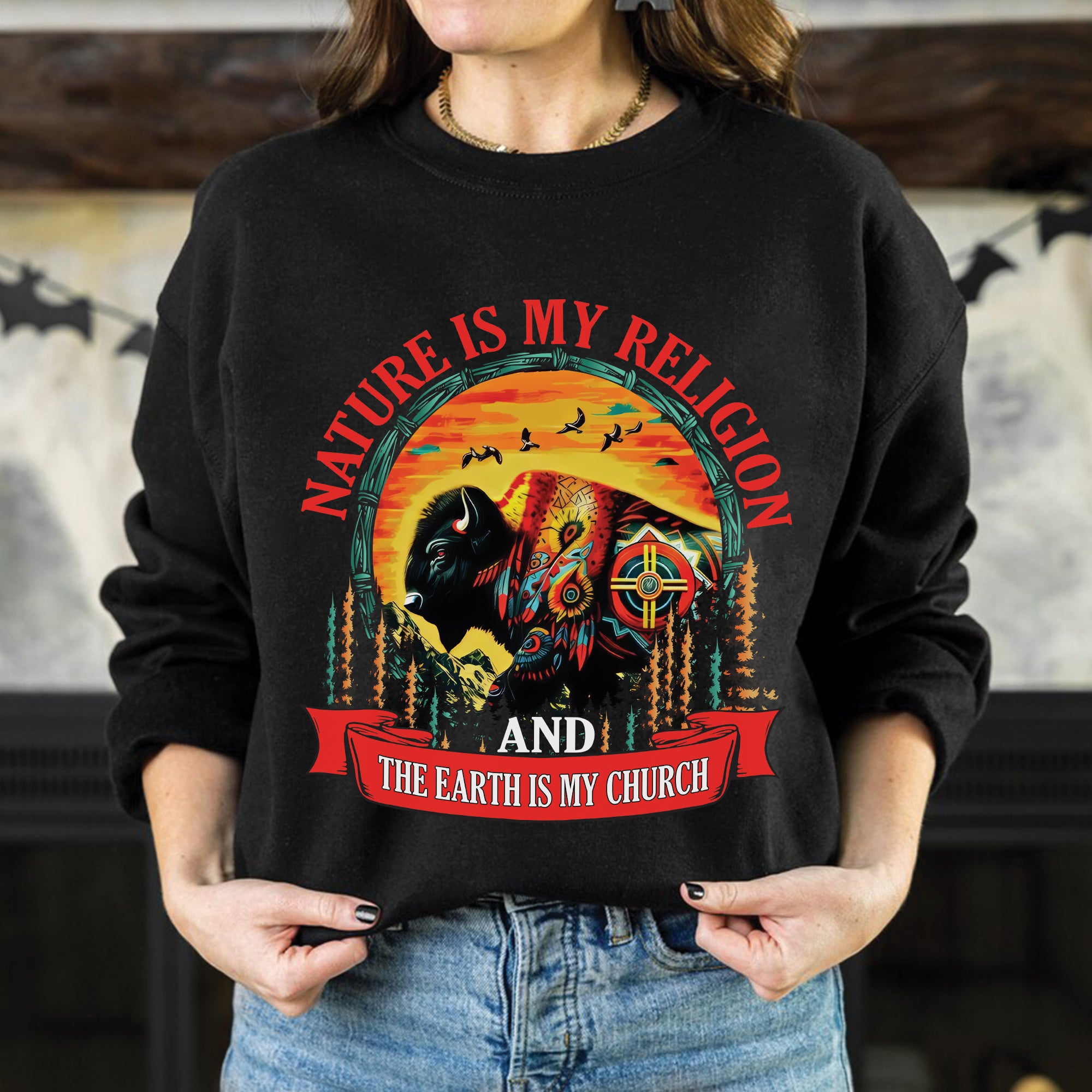 Nature Is My Religion Earth Is My Church Native American Art Buffalo Design Unisex T-shirt/T-shirt V-Neck/Hoodie/Sweatshirt