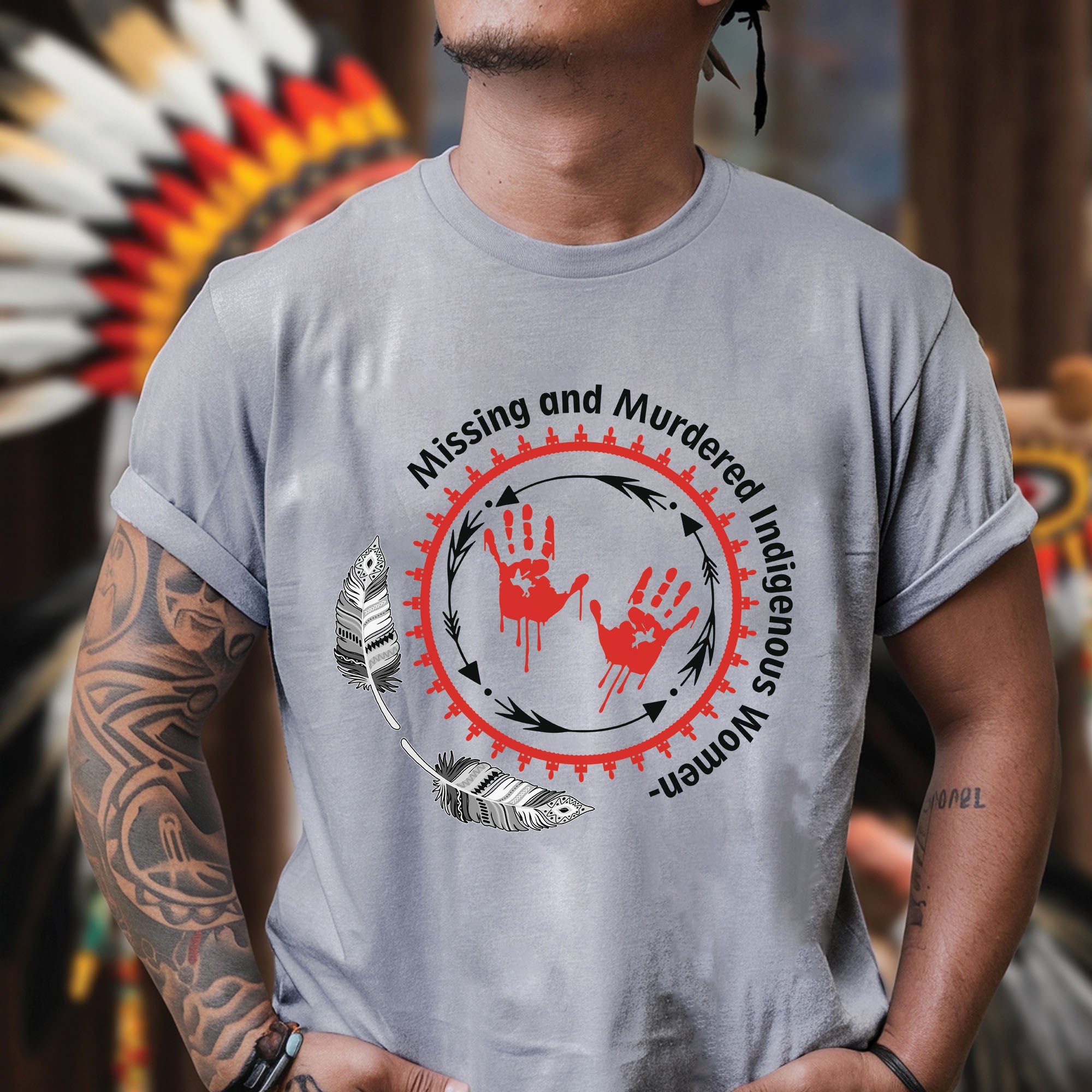 MMIW Awareness Honoring MMIW – Red Tee with Handprint & Sacred Feather Unisex T-shirt/T-shirt V-Neck/Hoodie/Sweatshirt