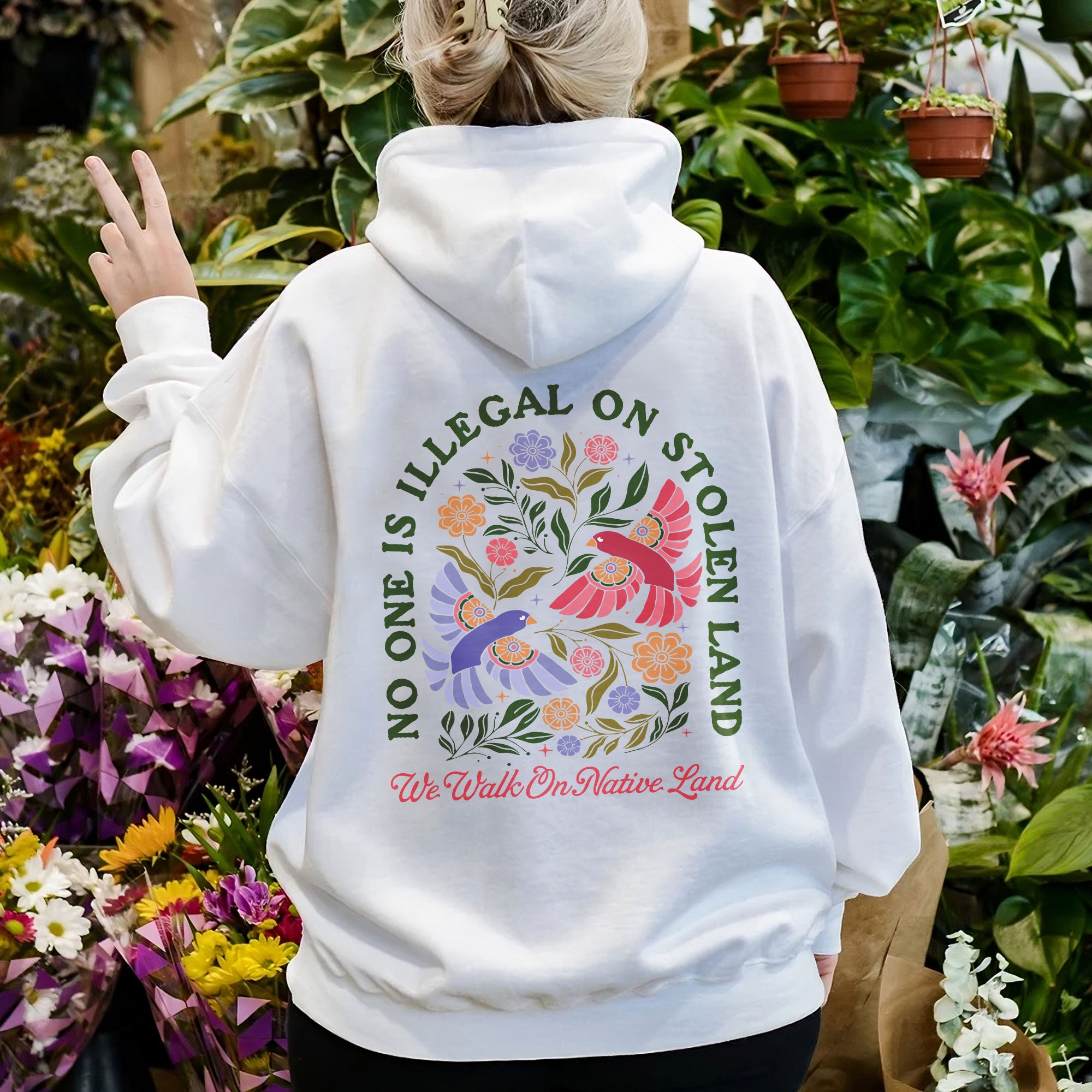 No One Is Illegal on Stolen Land We Walk on Native Land Indigenous Solidarity Floral Birds Unisex T-shirt/V-neck T-shirt/Hoodie/Sweatshirt Two Sides