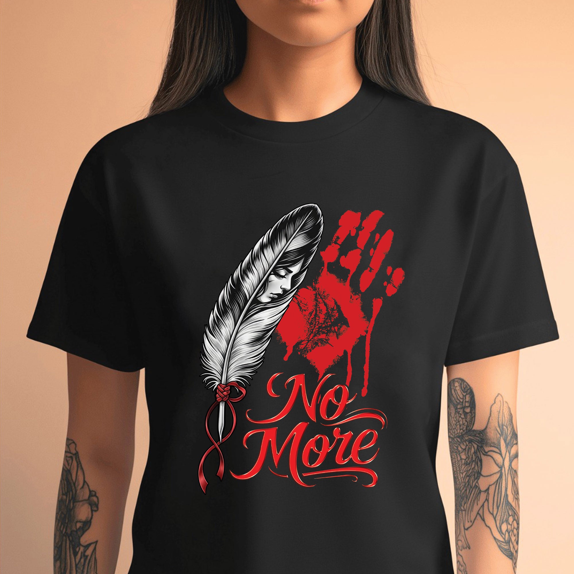 No More MMIW Awareness - Native American Feather & Handprint Design Unisex T-shirt/T-shirt V-Neck/Hoodie/Sweatshirt