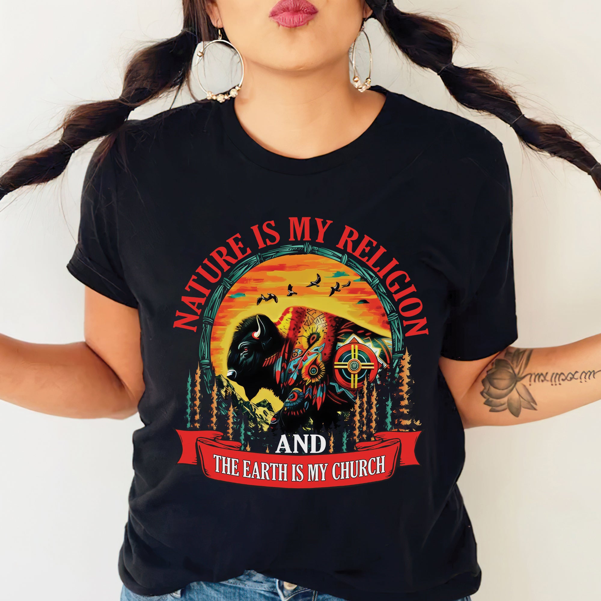 Nature Is My Religion Earth Is My Church Native American Art Buffalo Design Unisex T-shirt/T-shirt V-Neck/Hoodie/Sweatshirt