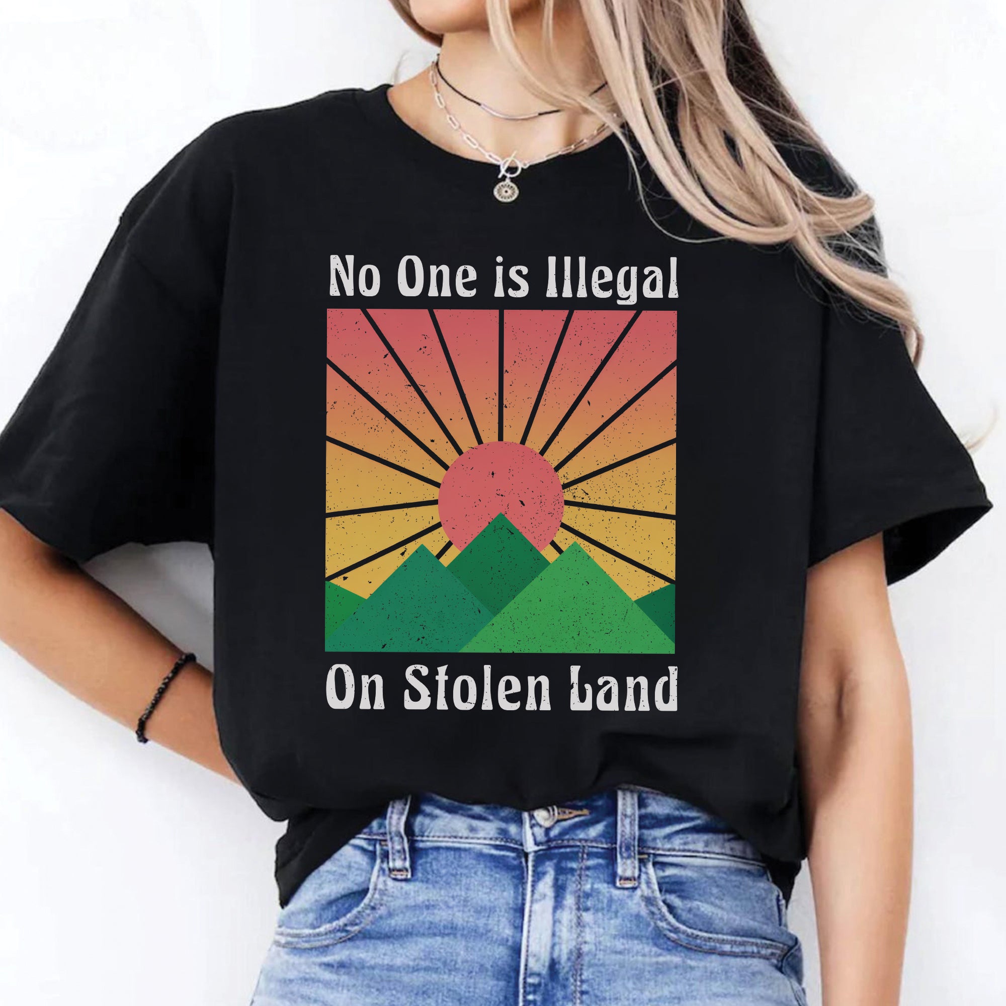 No One Is Illegal On Stolen Land Sun Symbol of Native Rights & Justice Unisex T-shirt/V-neck T-shirt/Hoodie/Sweatshirt
