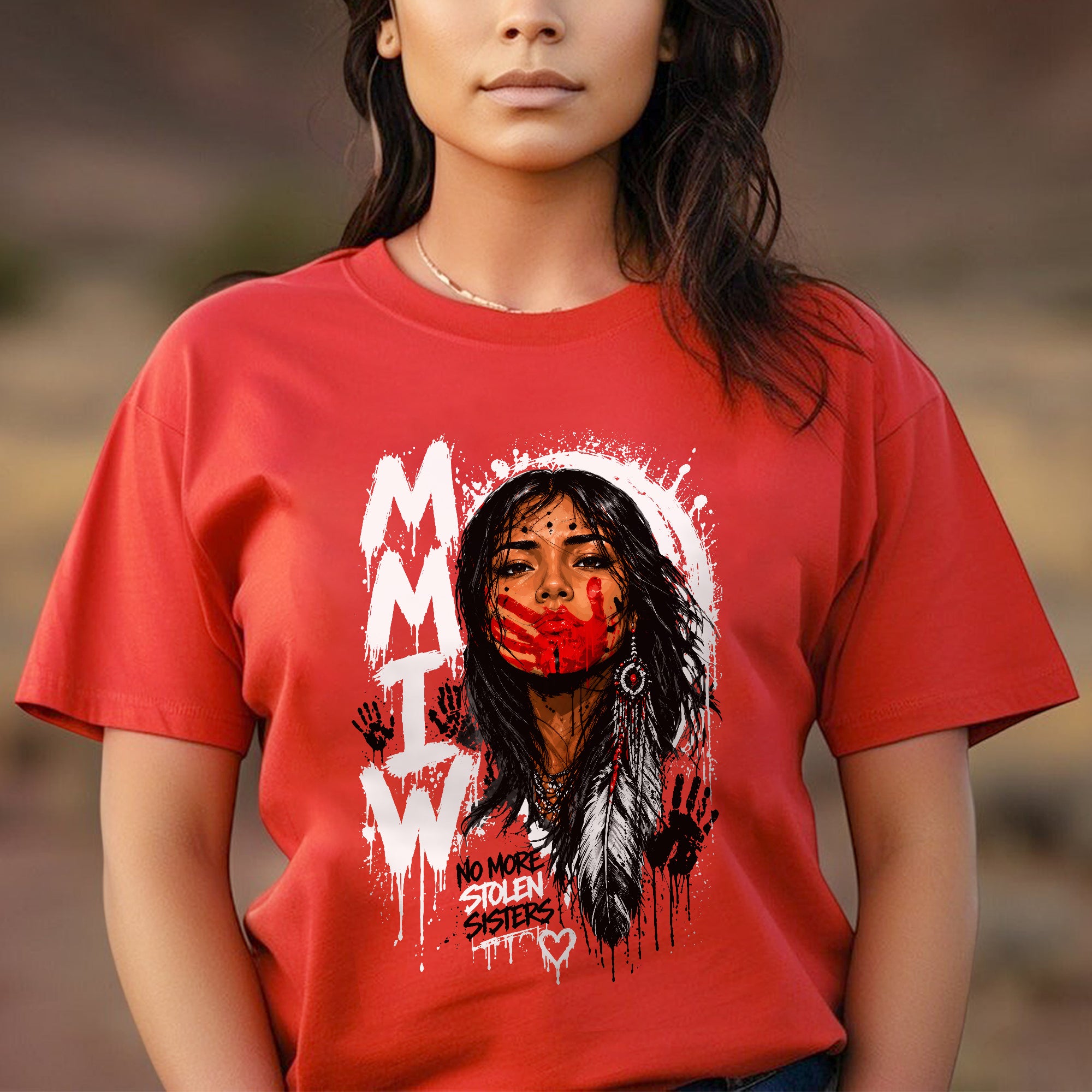 Voice of the Silent - MMIW Native Woman Portrait with Red Handprint Unisex T-shirt/T-shirt V-Neck/Hoodie/Sweatshirt