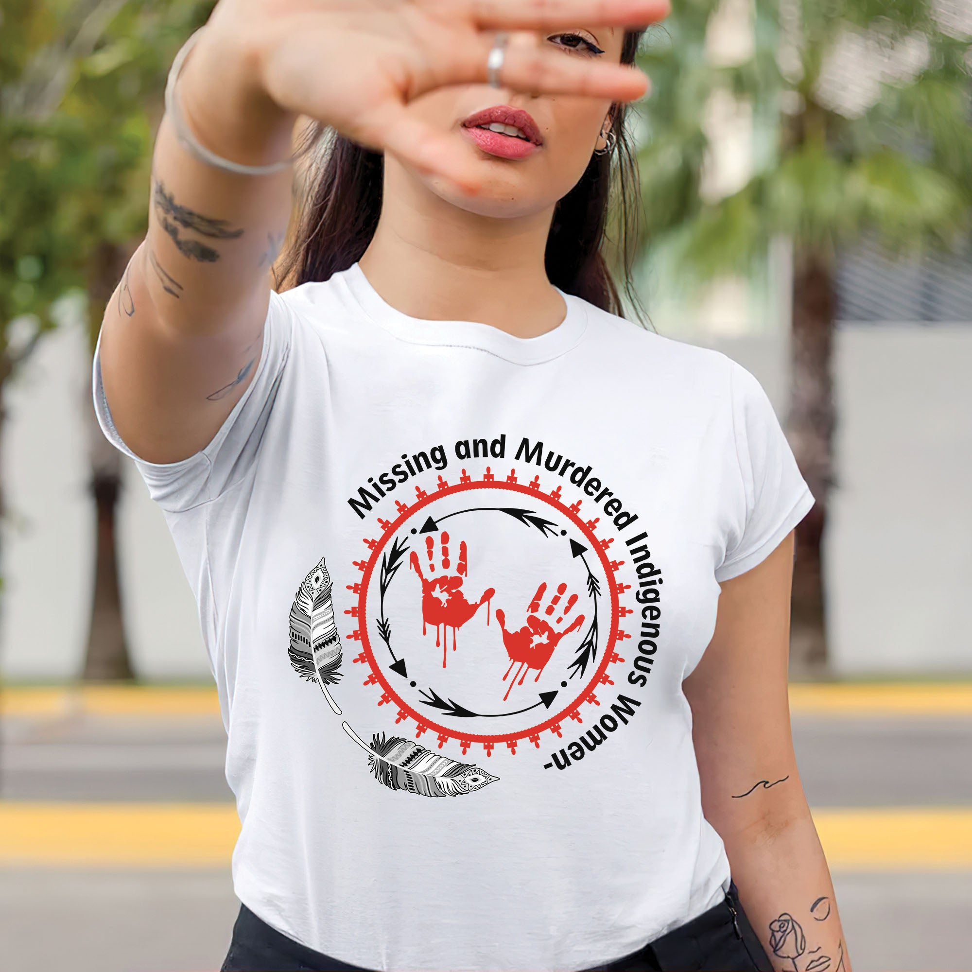 MMIW Awareness Honoring MMIW – Red Tee with Handprint & Sacred Feather Unisex T-shirt/T-shirt V-Neck/Hoodie/Sweatshirt