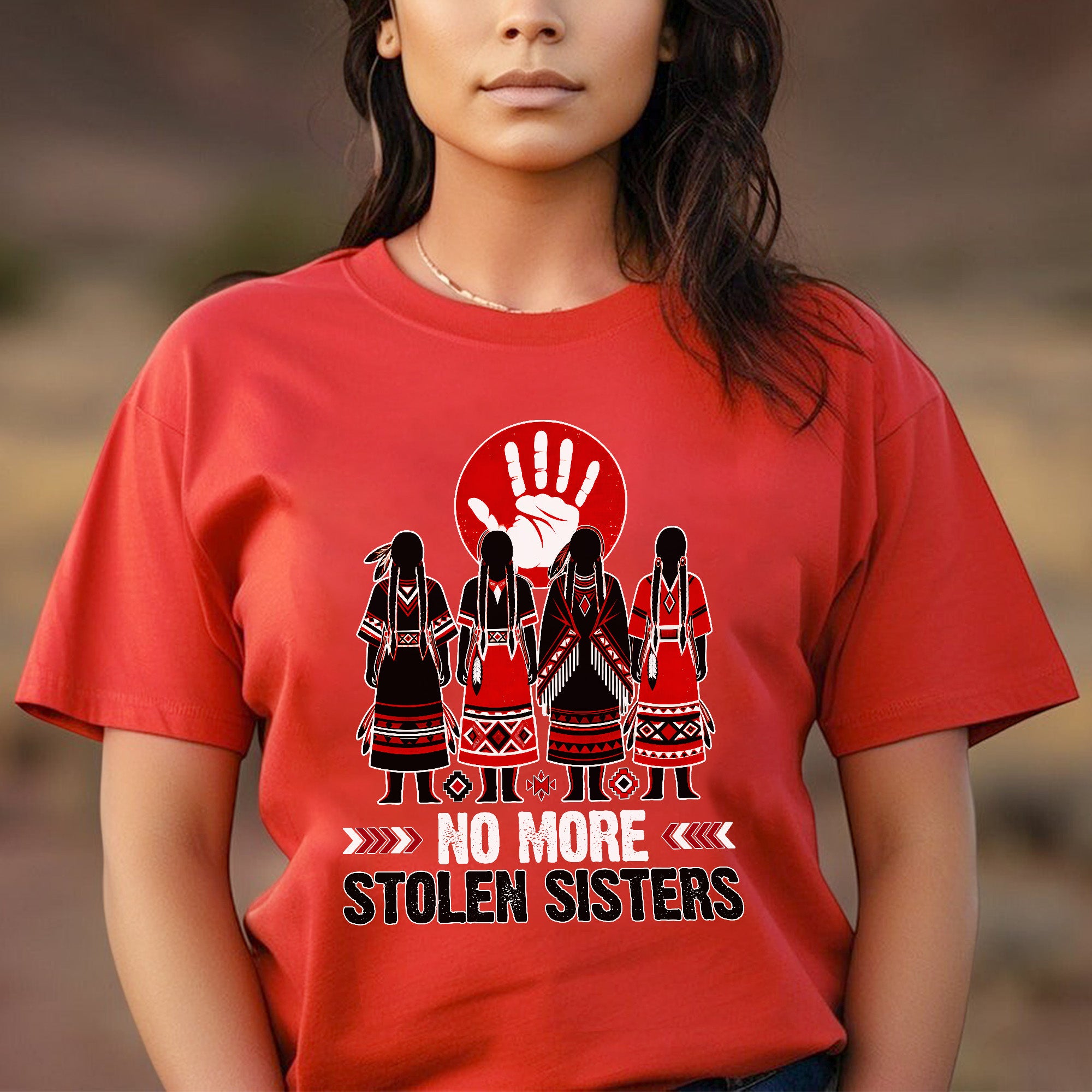 No More Stolen Sisters - Native American Red Hand & Silhouette Design Unisex T-shirt/T-shirt V-Neck/Hoodie/Sweatshirt