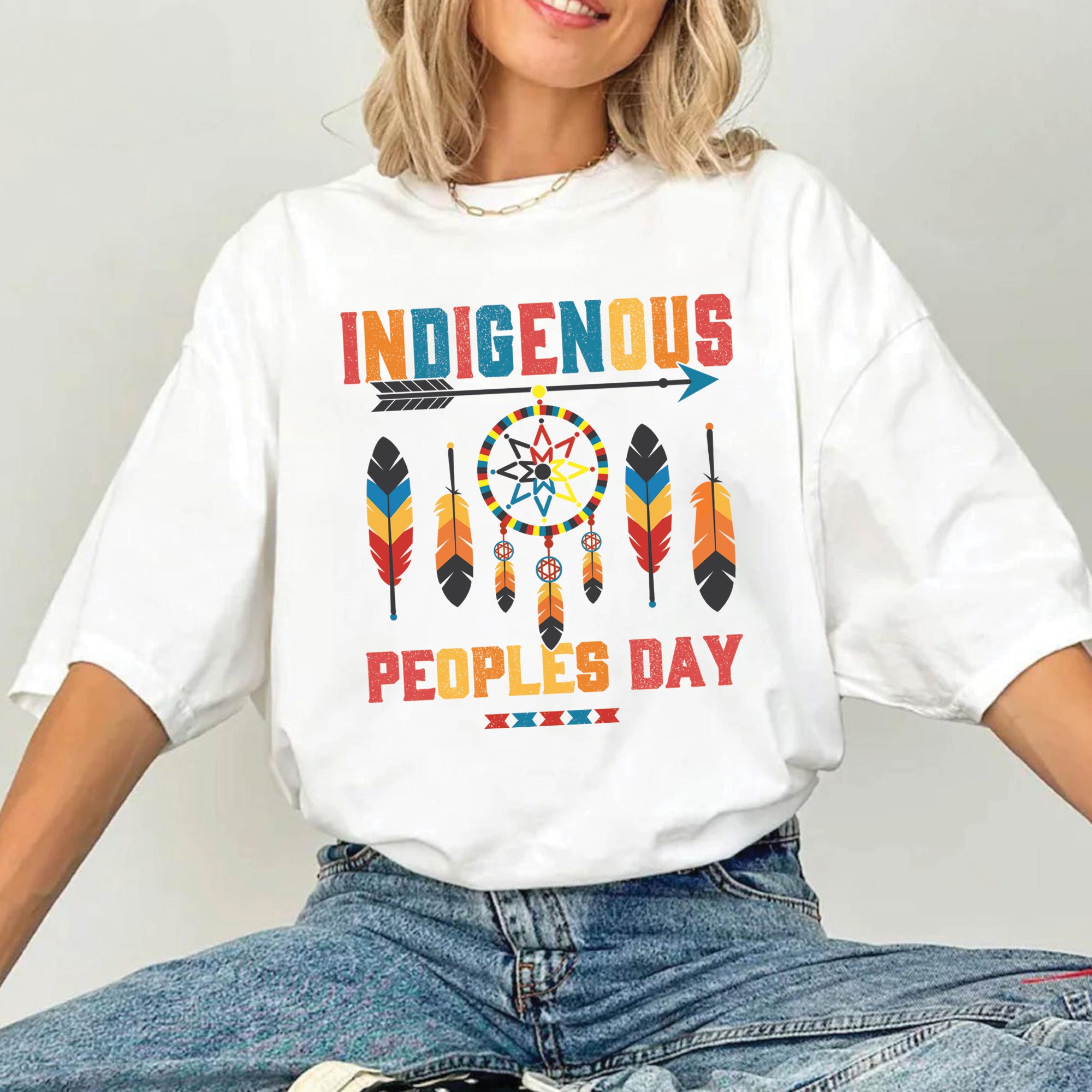 Indigenous Peoples Day Dreamcatcher, Arrow and Multicolor Tribal Feathers Unisex T-Shirt/T-Shirt V-Neck/Hoodie/Sweatshirt