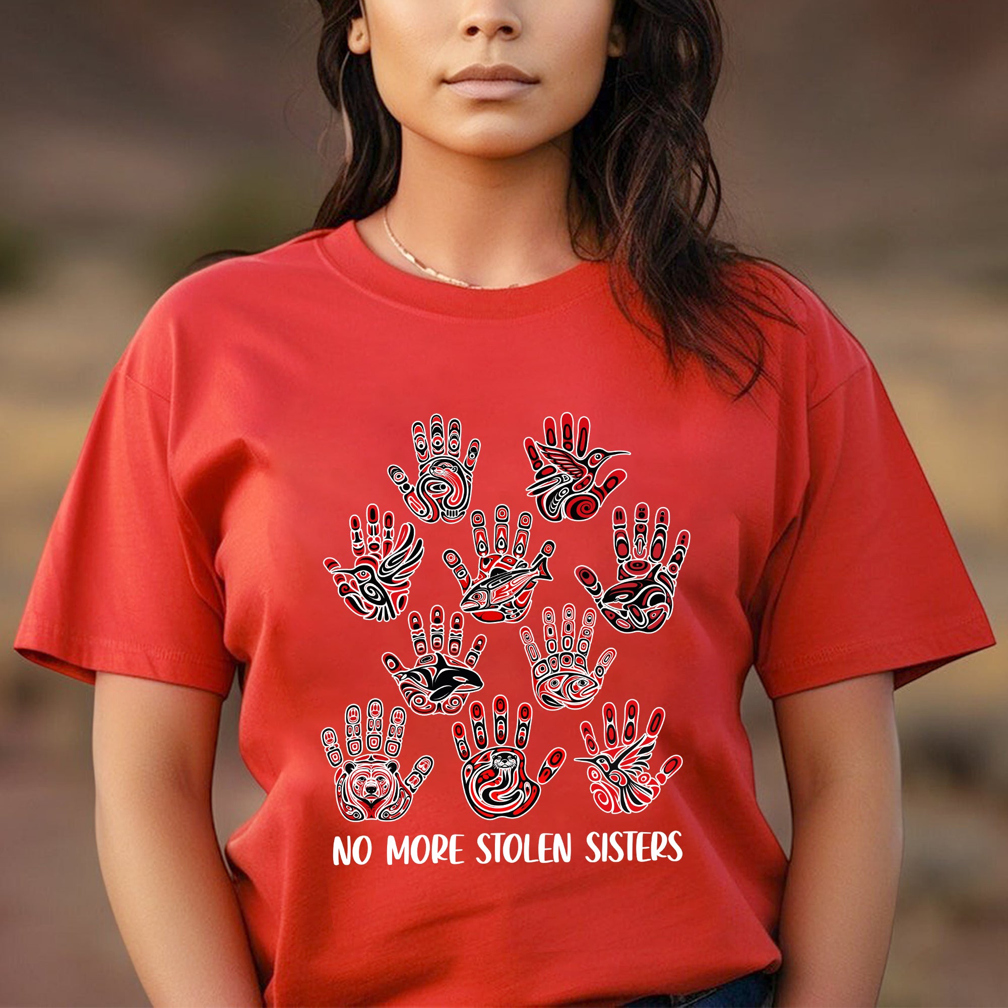 No More Stolen Sisters - MMIW Awareness with Tribal Hand and Animal Design Unisex T-shirt/T-shirt V-Neck/Hoodie/Sweatshirt