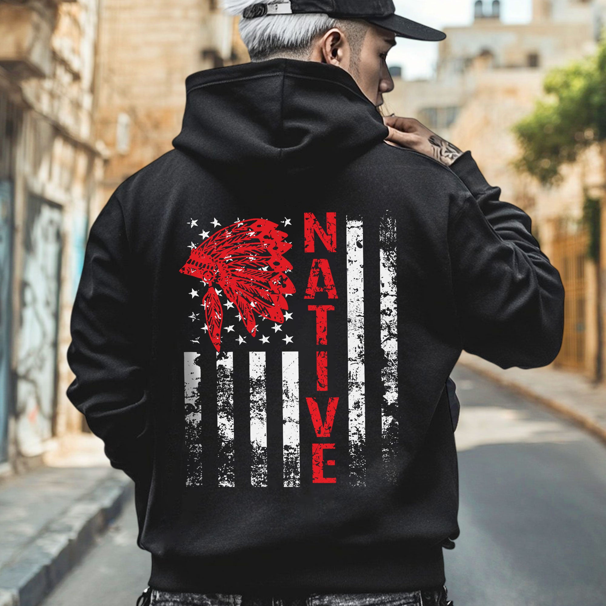 Indigenous American Flag T-Shirt – Native Pride Red Headdress Unisex T-Shirt/T-Shirt V-Neck/Hoodie/Sweatshirt Two Sides