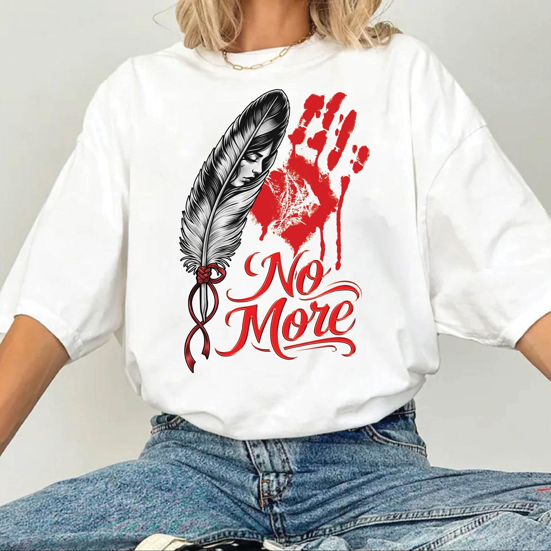 No More MMIW Awareness - Native American Feather & Handprint Design Unisex T-shirt/T-shirt V-Neck/Hoodie/Sweatshirt