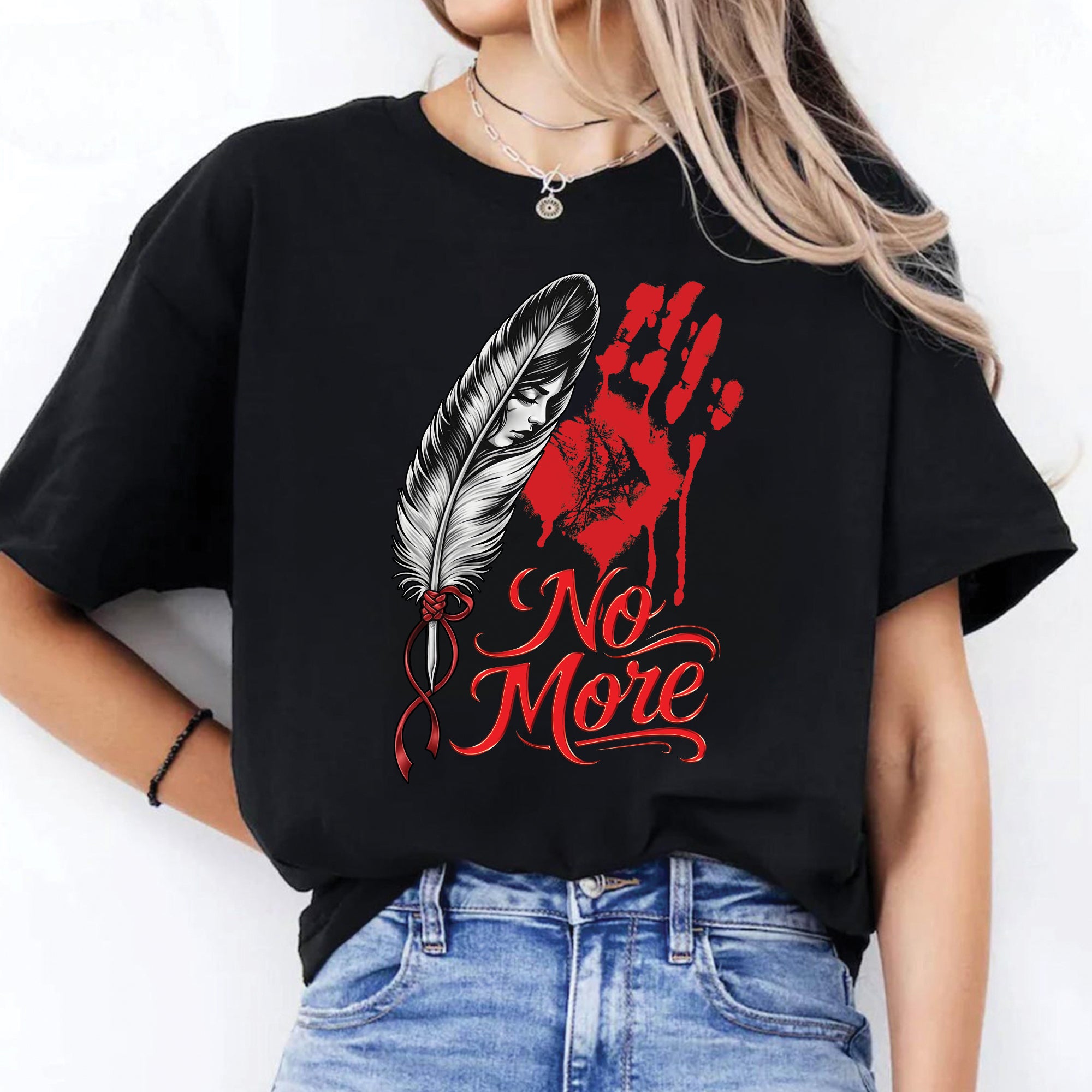 No More MMIW Awareness - Native American Feather & Handprint Design Unisex T-shirt/T-shirt V-Neck/Hoodie/Sweatshirt