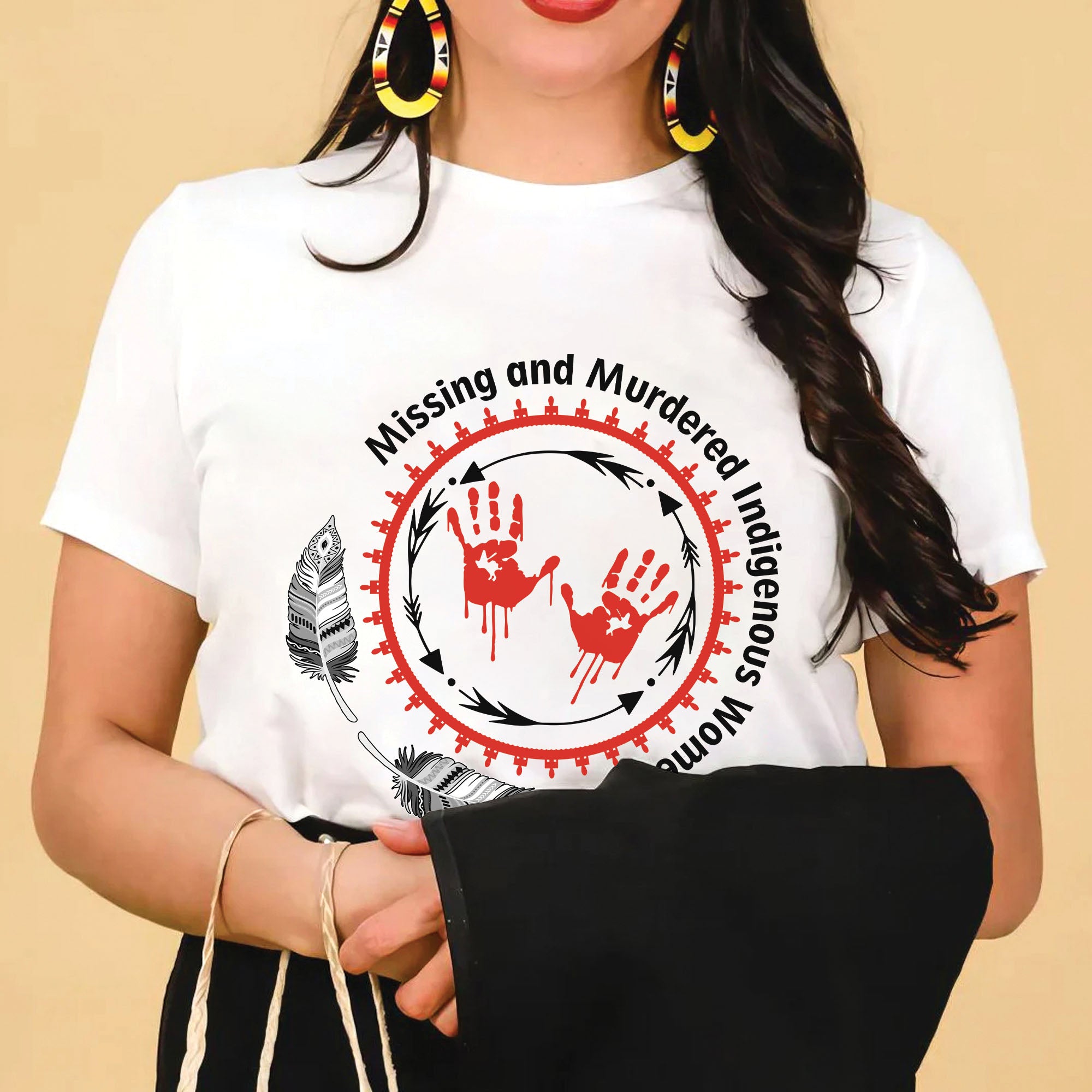 MMIW Awareness Honoring MMIW – Red Tee with Handprint & Sacred Feather Unisex T-shirt/T-shirt V-Neck/Hoodie/Sweatshirt