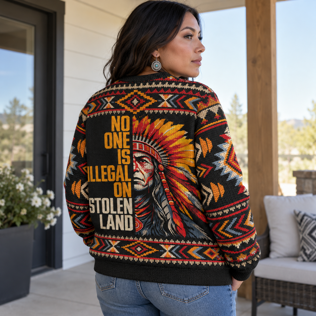 No One Is Illegal On Stolen Land Ugly Sweatshirt - Native American Ugly Sweatshirt Unisex
