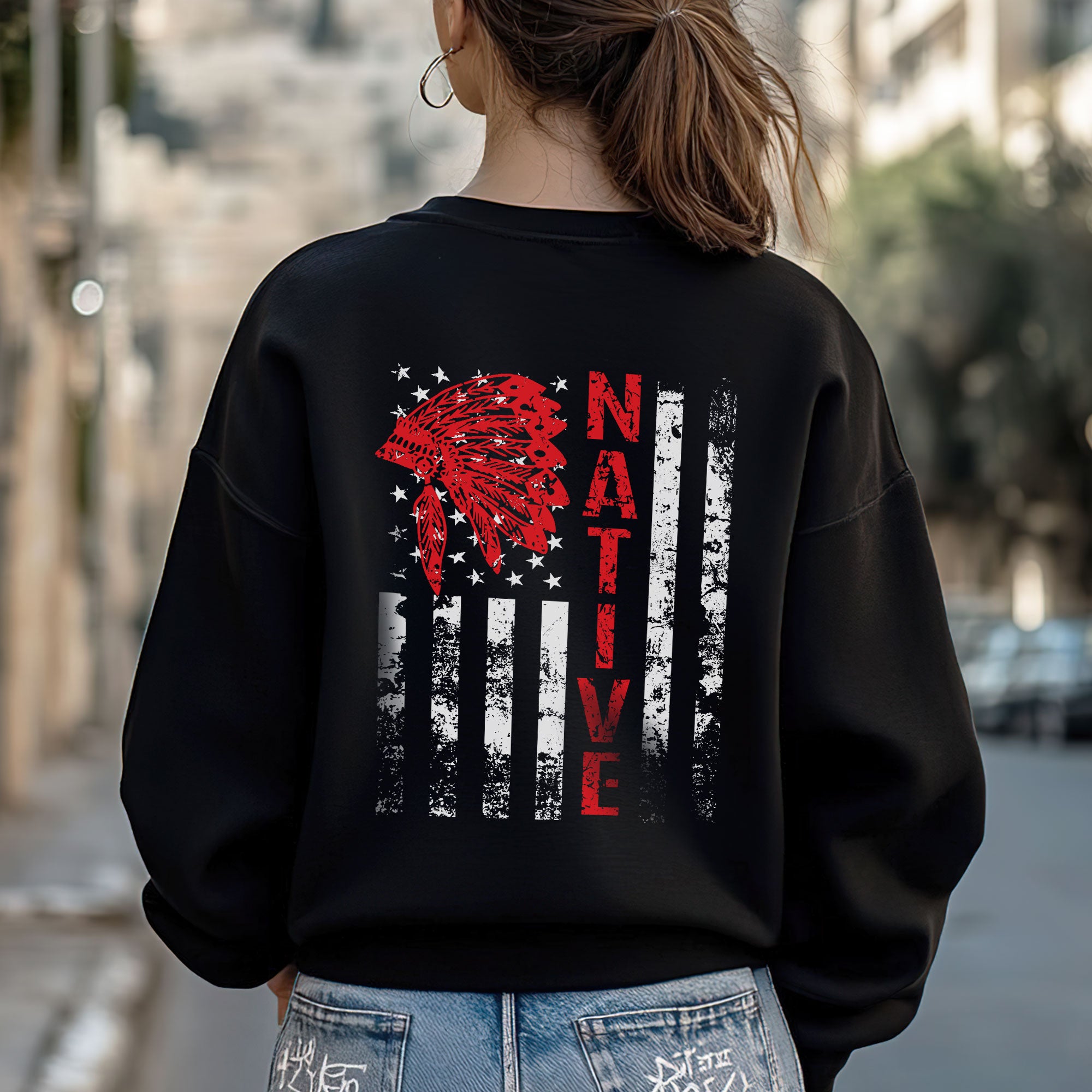 Indigenous American Flag T-Shirt – Native Pride Red Headdress Unisex T-Shirt/T-Shirt V-Neck/Hoodie/Sweatshirt Two Sides