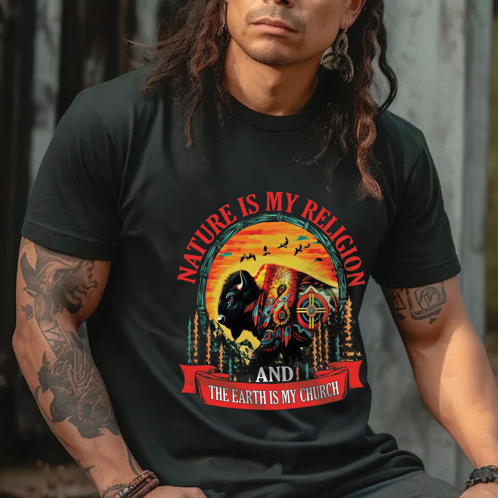 Nature Is My Religion Earth Is My Church Native American Art Buffalo Design Unisex T-shirt/T-shirt V-Neck/Hoodie/Sweatshirt