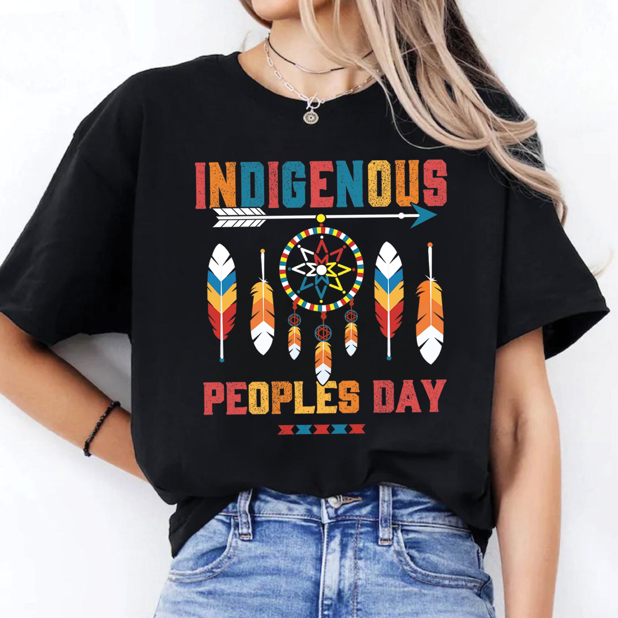 Indigenous Peoples Day Dreamcatcher, Arrow and Multicolor Tribal Feathers Unisex T-Shirt/T-Shirt V-Neck/Hoodie/Sweatshirt