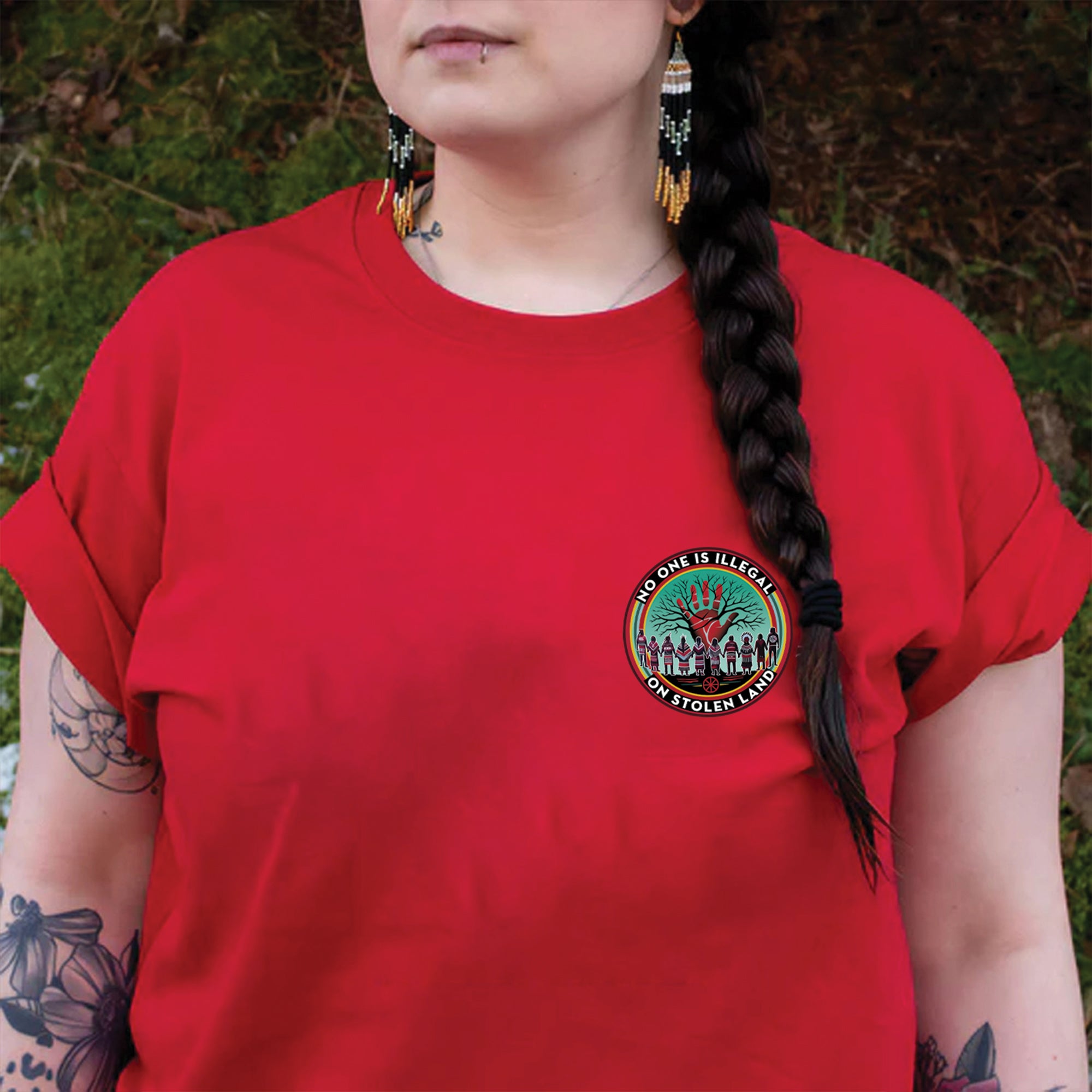 [Two Sides] No One Is Illegal On Stolen Land. We Walk On Native Land - Two Sides Unisex T-Shirt/T-Shirt V-Neck/Hoodie/Sweatshirt N27