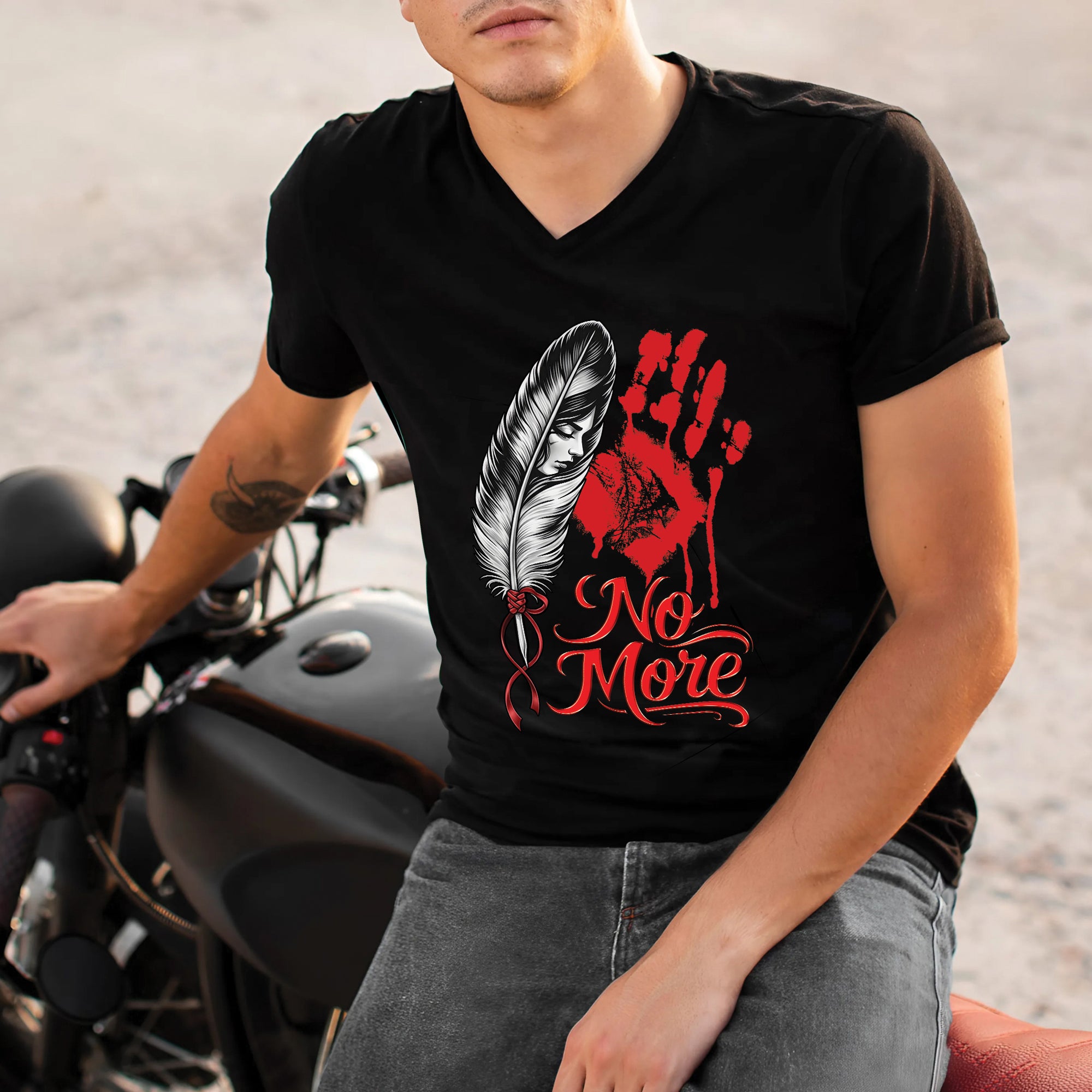 No More MMIW Awareness - Native American Feather & Handprint Design Unisex T-shirt/T-shirt V-Neck/Hoodie/Sweatshirt