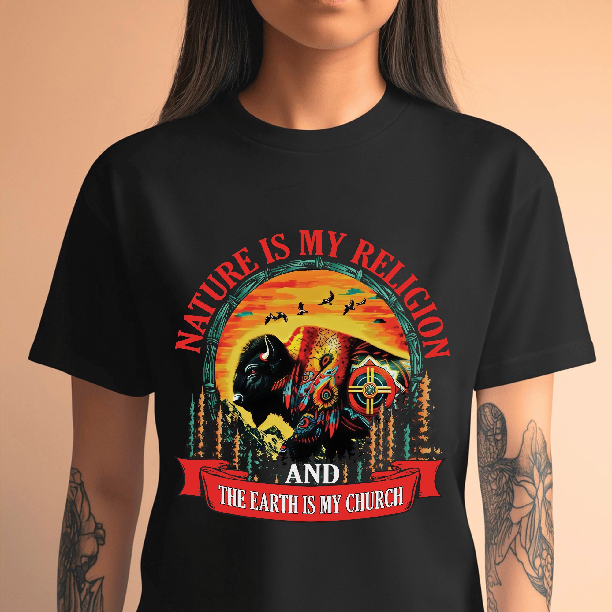 Nature Is My Religion Earth Is My Church Native American Art Buffalo Design Unisex T-shirt/T-shirt V-Neck/Hoodie/Sweatshirt