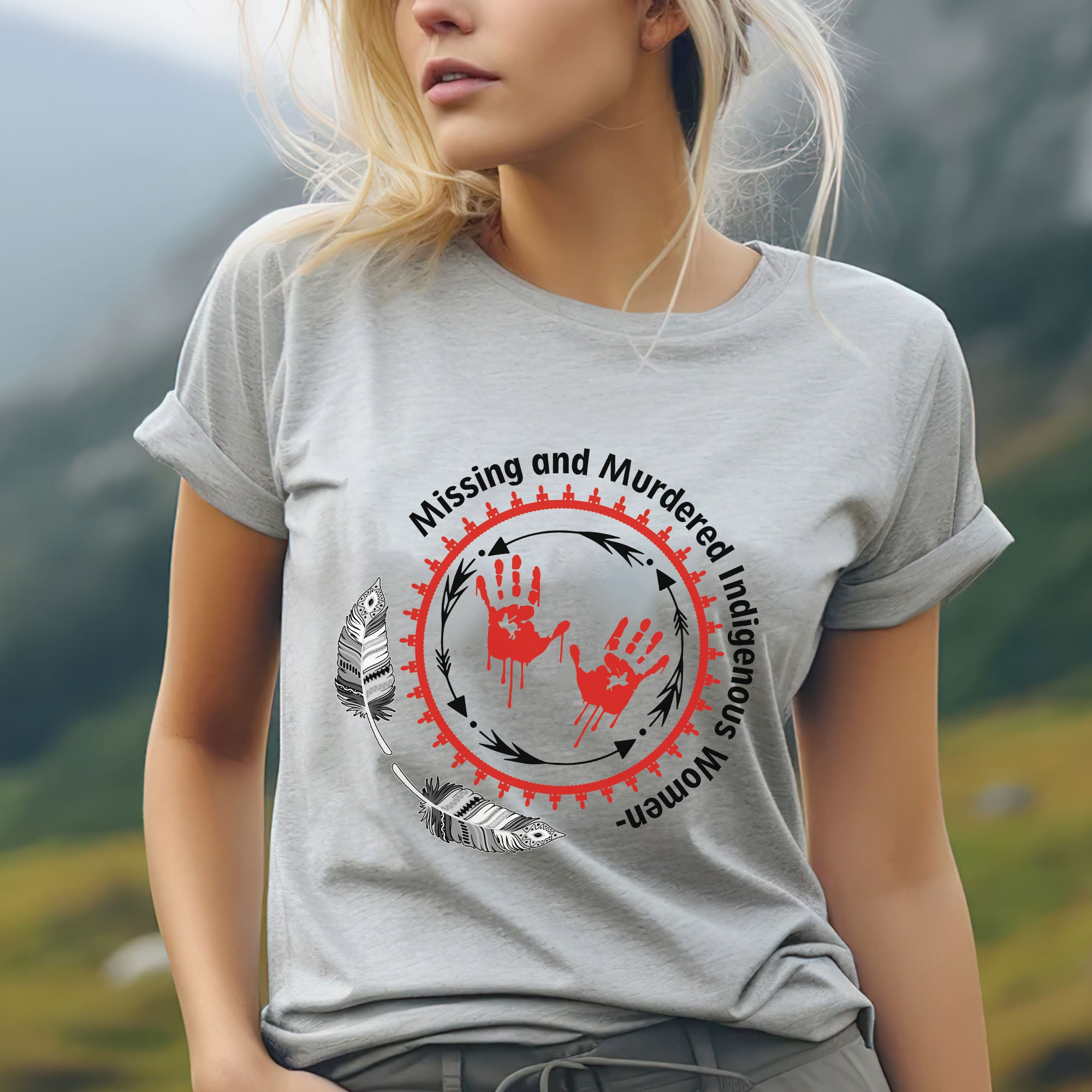 MMIW Awareness Honoring MMIW – Red Tee with Handprint & Sacred Feather Unisex T-shirt/T-shirt V-Neck/Hoodie/Sweatshirt