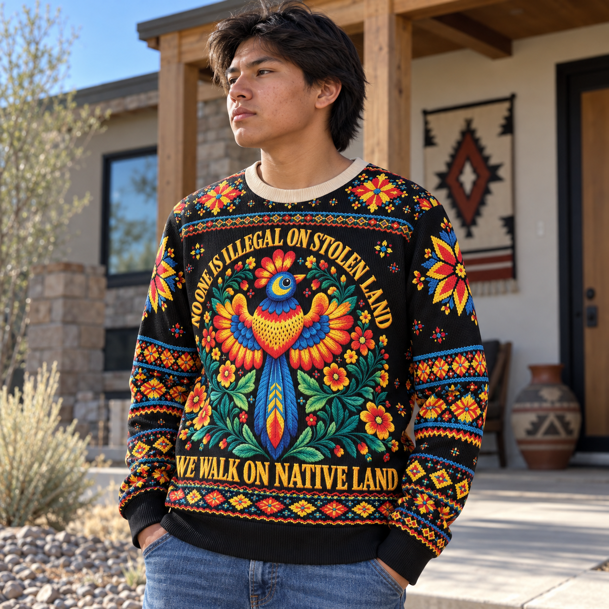 No One Is Illegal On Stolen Land Ugly Sweatshirt Style 2 - Native American Ugly Sweatshirt Unisex