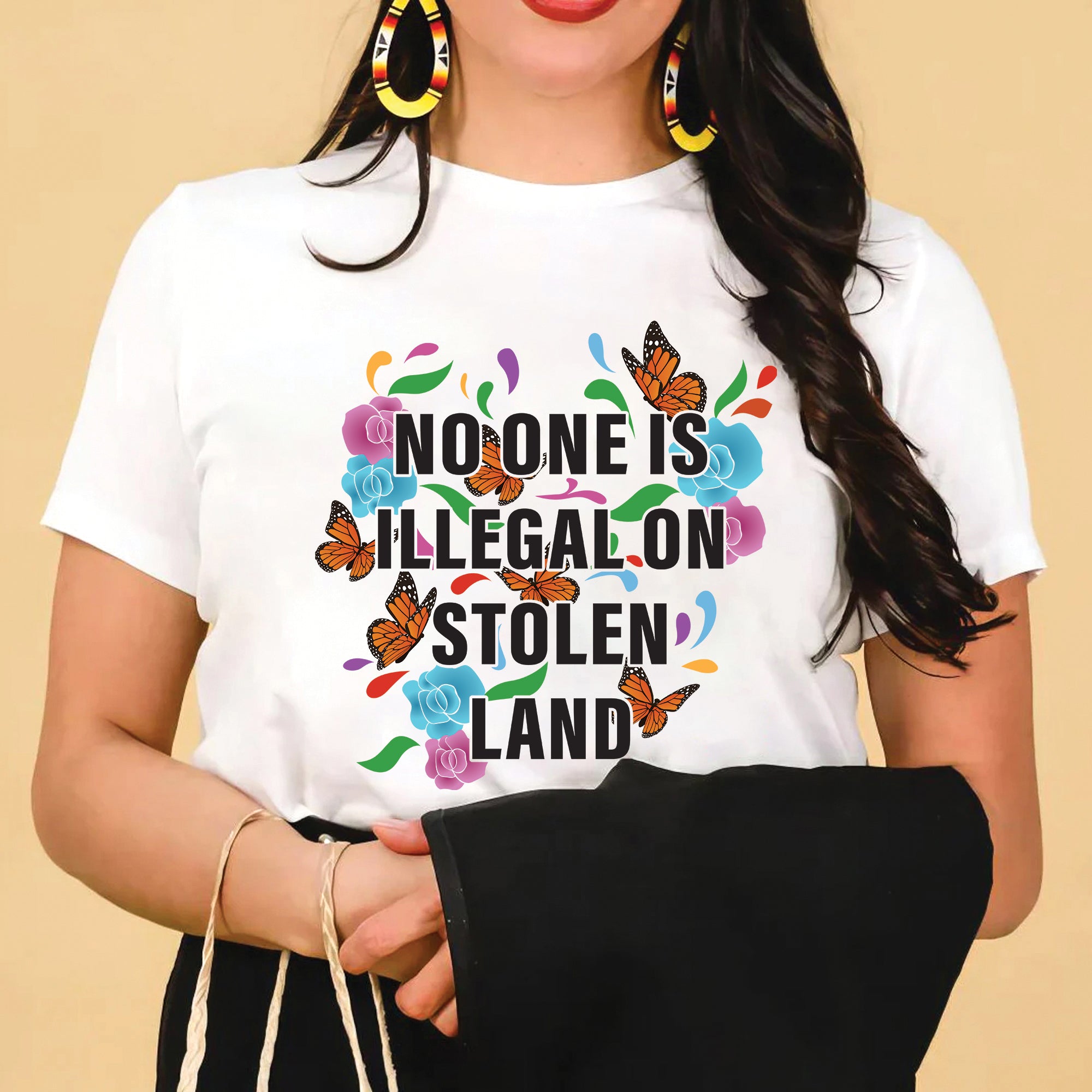 No One Is Illegal On Stolen Land Colorful Butterfly and Floral Design Unisex T-shirt/V-neck T-shirt/Hoodie/Sweatshirt