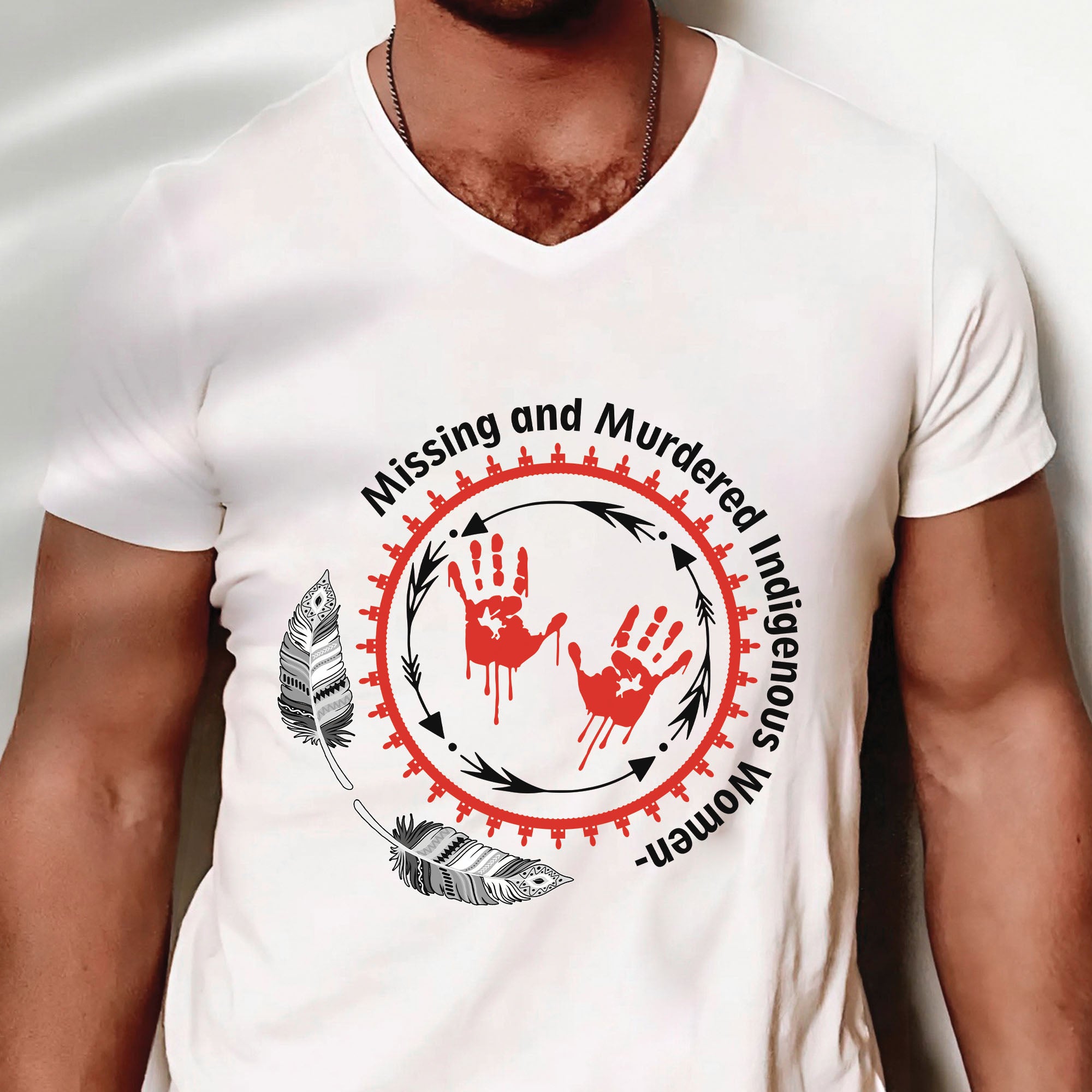 MMIW Awareness Honoring MMIW – Red Tee with Handprint & Sacred Feather Unisex T-shirt/T-shirt V-Neck/Hoodie/Sweatshirt