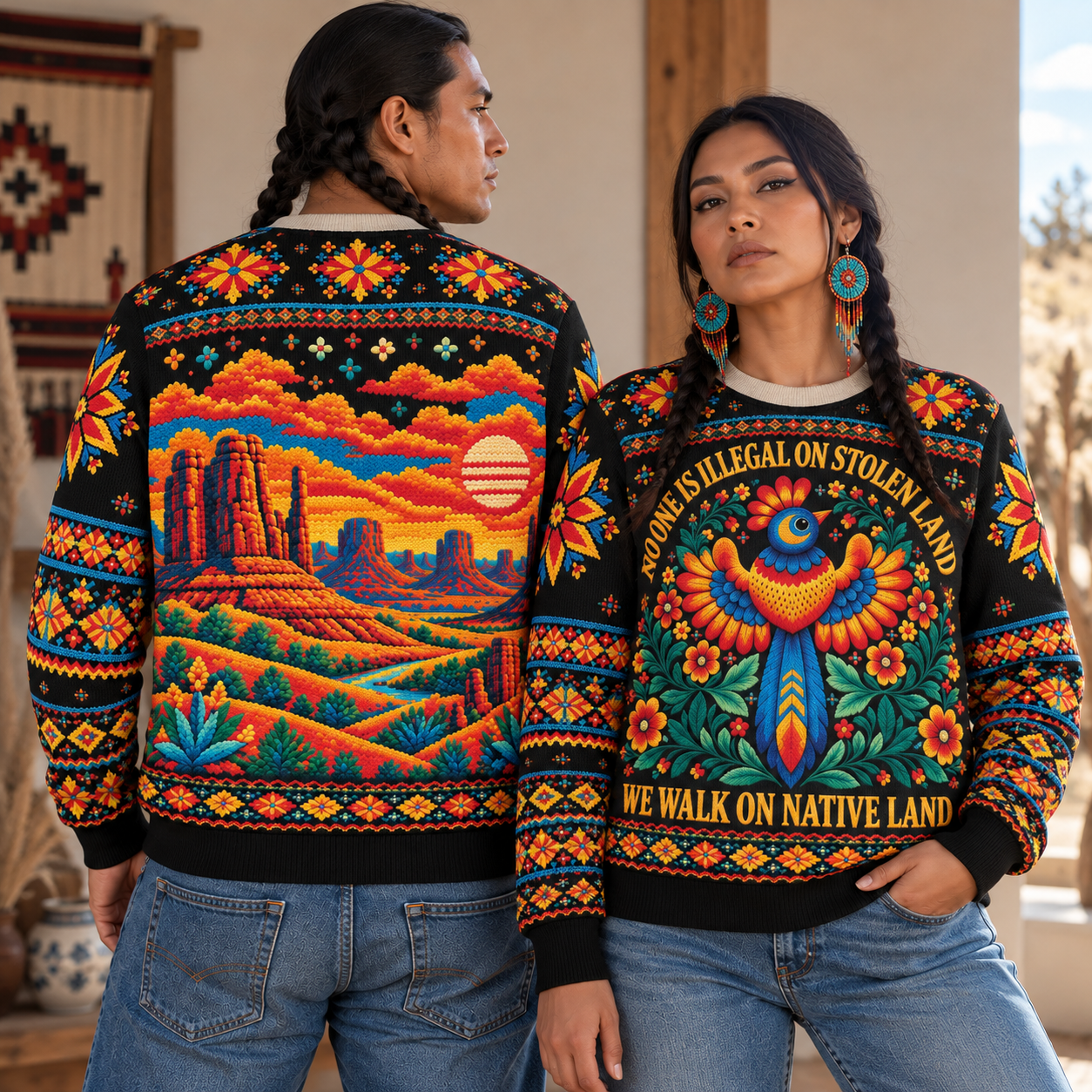 No One Is Illegal On Stolen Land Ugly Sweatshirt Style 2 - Native American Ugly Sweatshirt Unisex