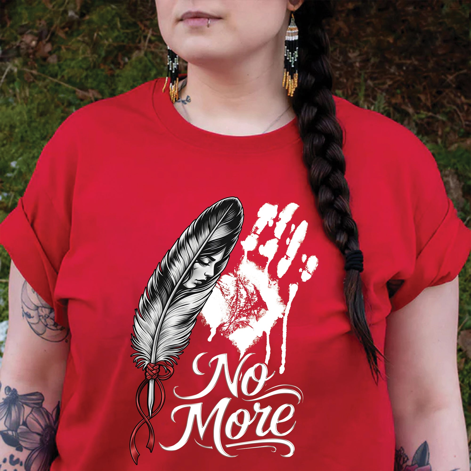 No More MMIW Awareness - Native American Feather & Handprint Design Unisex T-shirt/T-shirt V-Neck/Hoodie/Sweatshirt