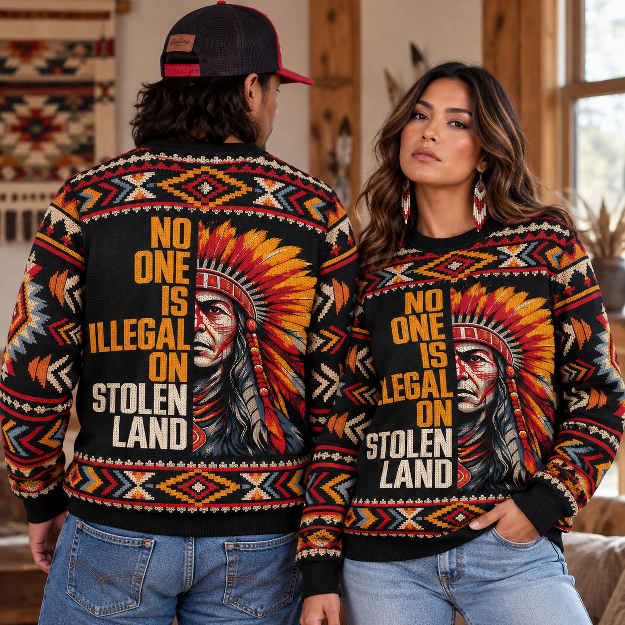 No One Is Illegal On Stolen Land Ugly Sweatshirt - Native American Ugly Sweatshirt Unisex