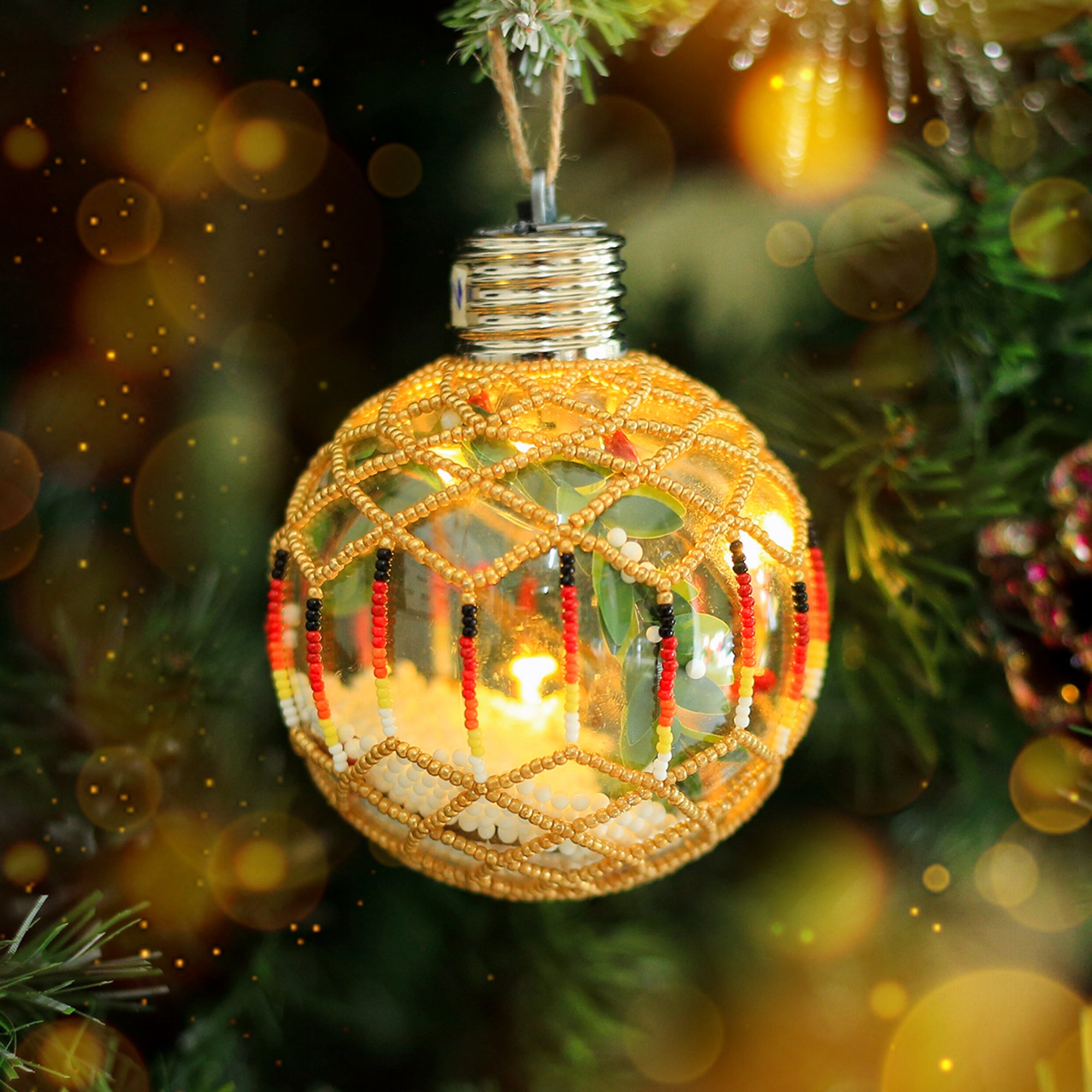 Gold Sparkly Handmade Beaded Ornament with Luminous Lights Premium