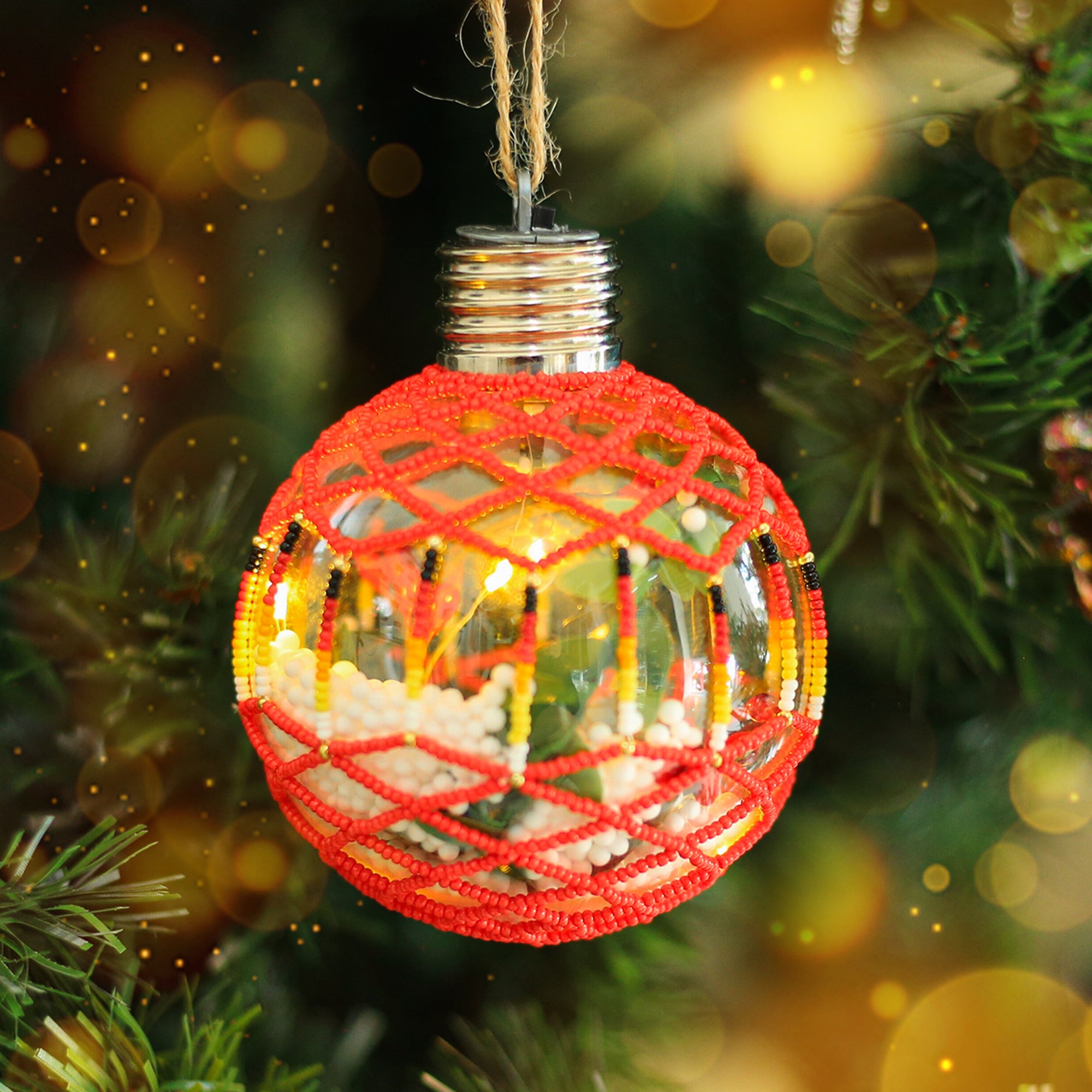 Red Sparkly Handmade Beaded Ornament with Luminous Lights Premium