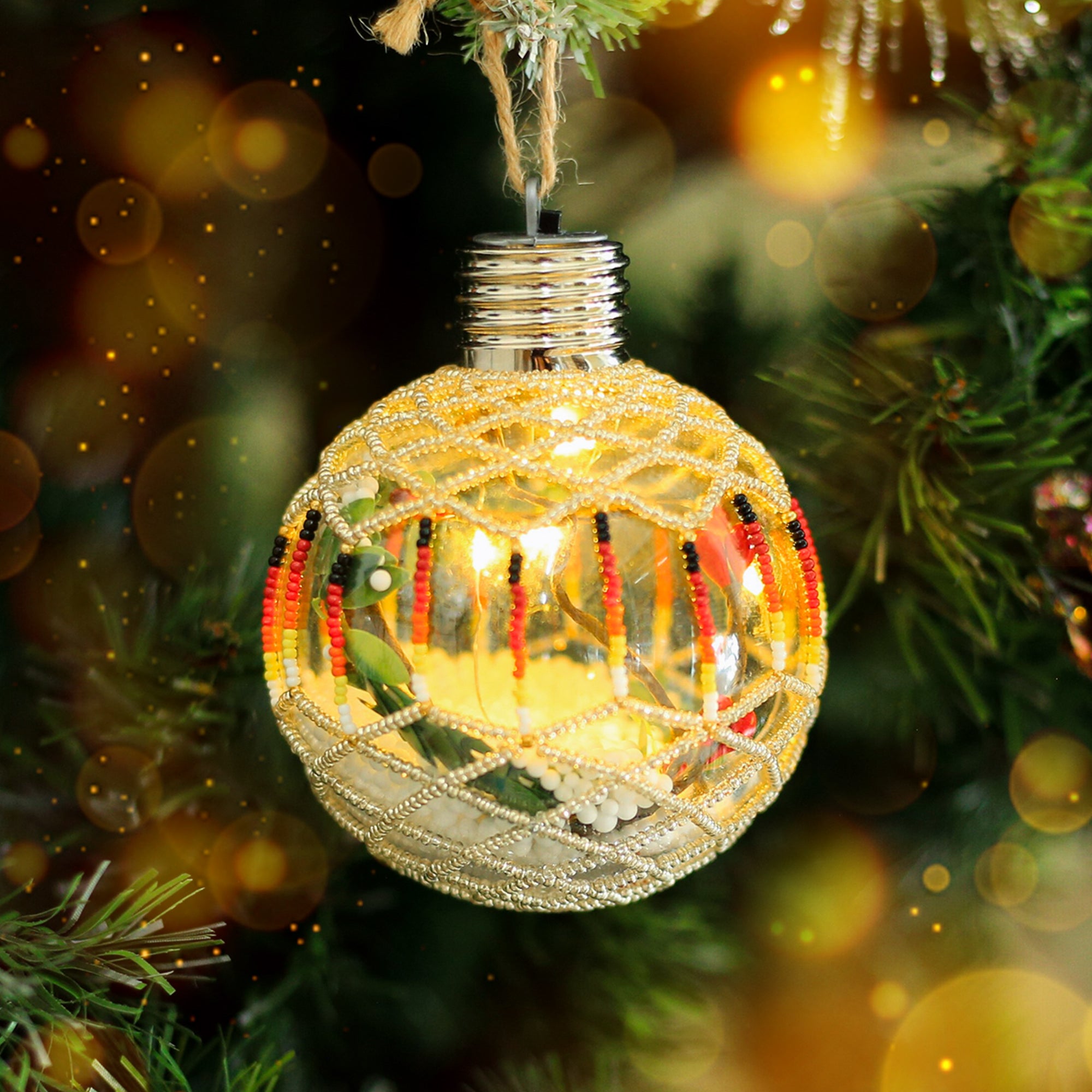 Silver Sparkly Handmade Beaded Ornament with Luminous Lights Premium