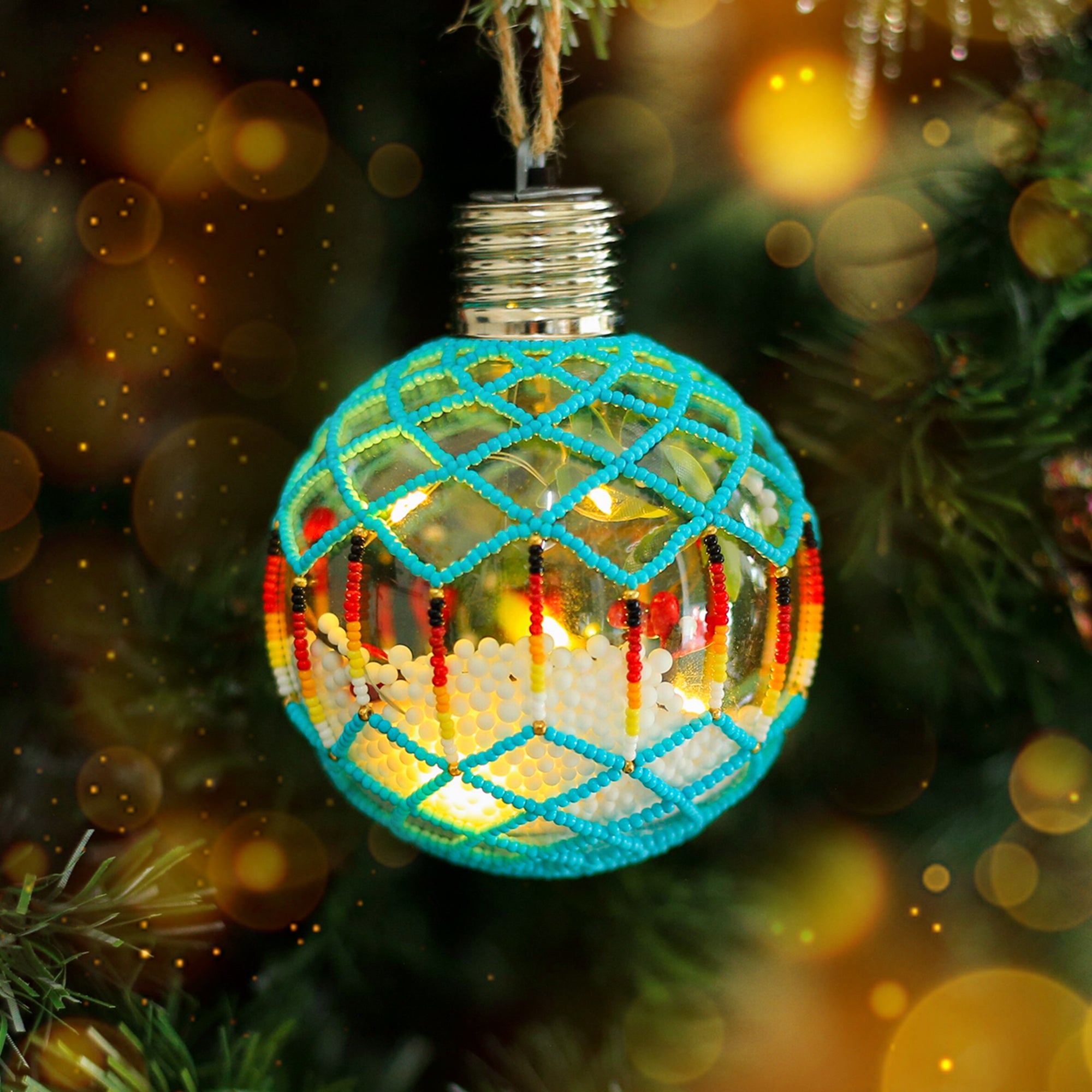 Turquoise Sparkly Handmade Beaded Ornament with Luminous Lights Premium