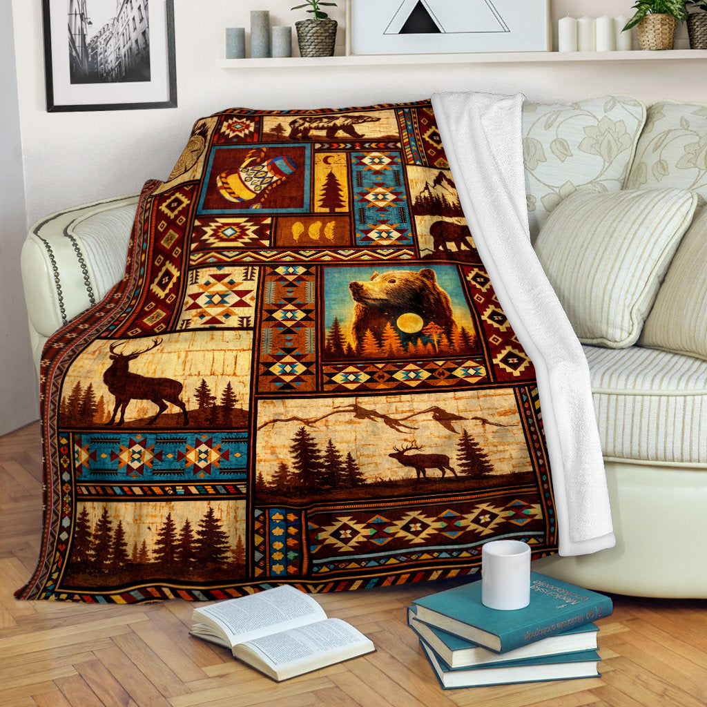 Native Wildlife Patchwork Native Spirit Art Fleece Blanket
