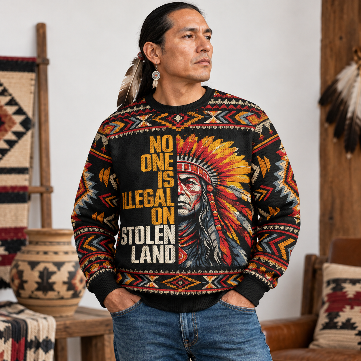 No One Is Illegal On Stolen Land Ugly Sweatshirt - Native American Ugly Sweatshirt Unisex