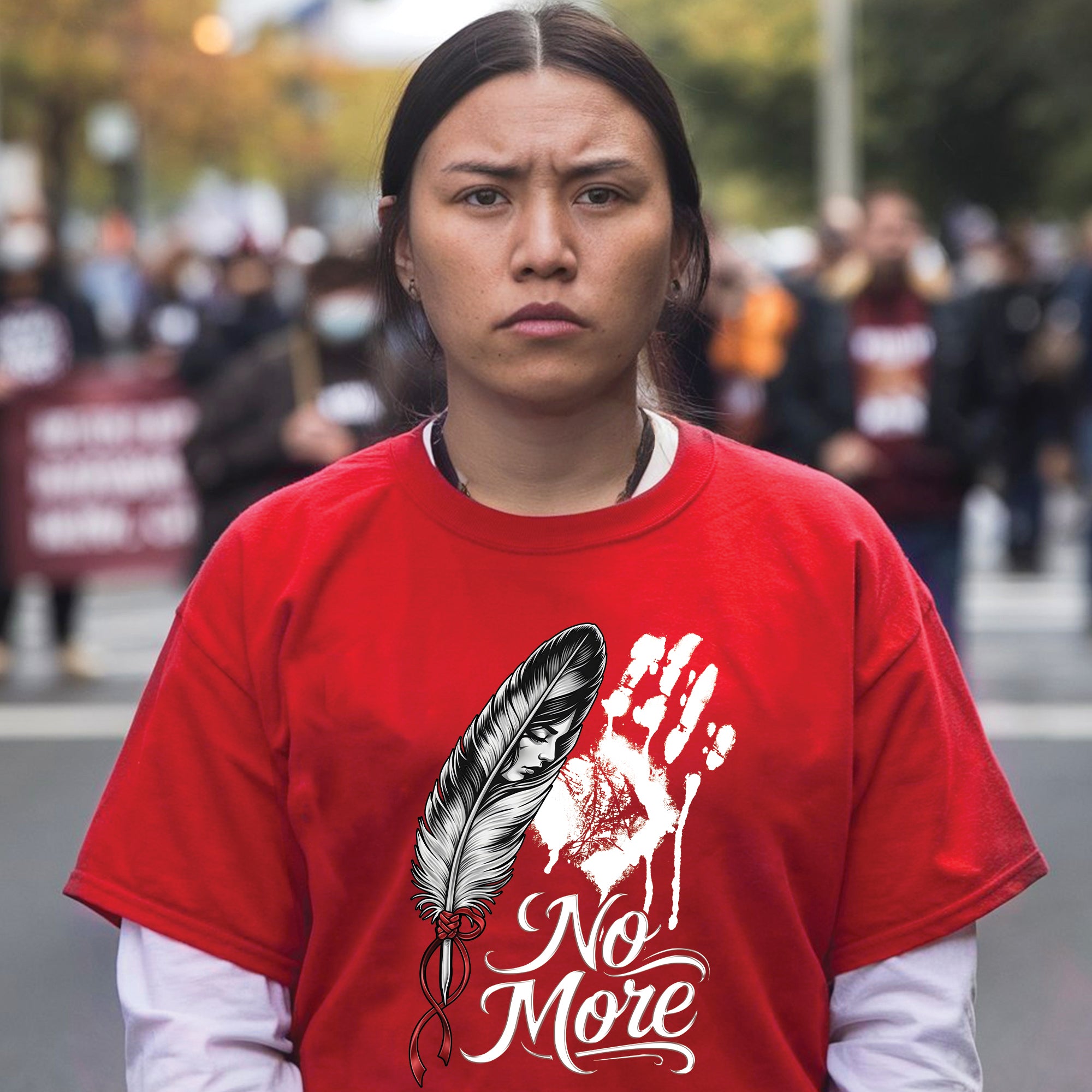 No More MMIW Awareness - Native American Feather & Handprint Design Unisex T-shirt/T-shirt V-Neck/Hoodie/Sweatshirt
