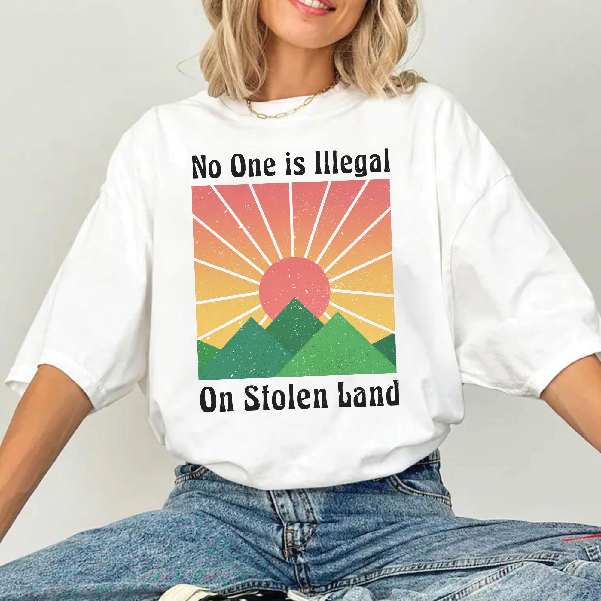 No One Is Illegal On Stolen Land Sun Symbol of Native Rights & Justice Unisex T-shirt/V-neck T-shirt/Hoodie/Sweatshirt
