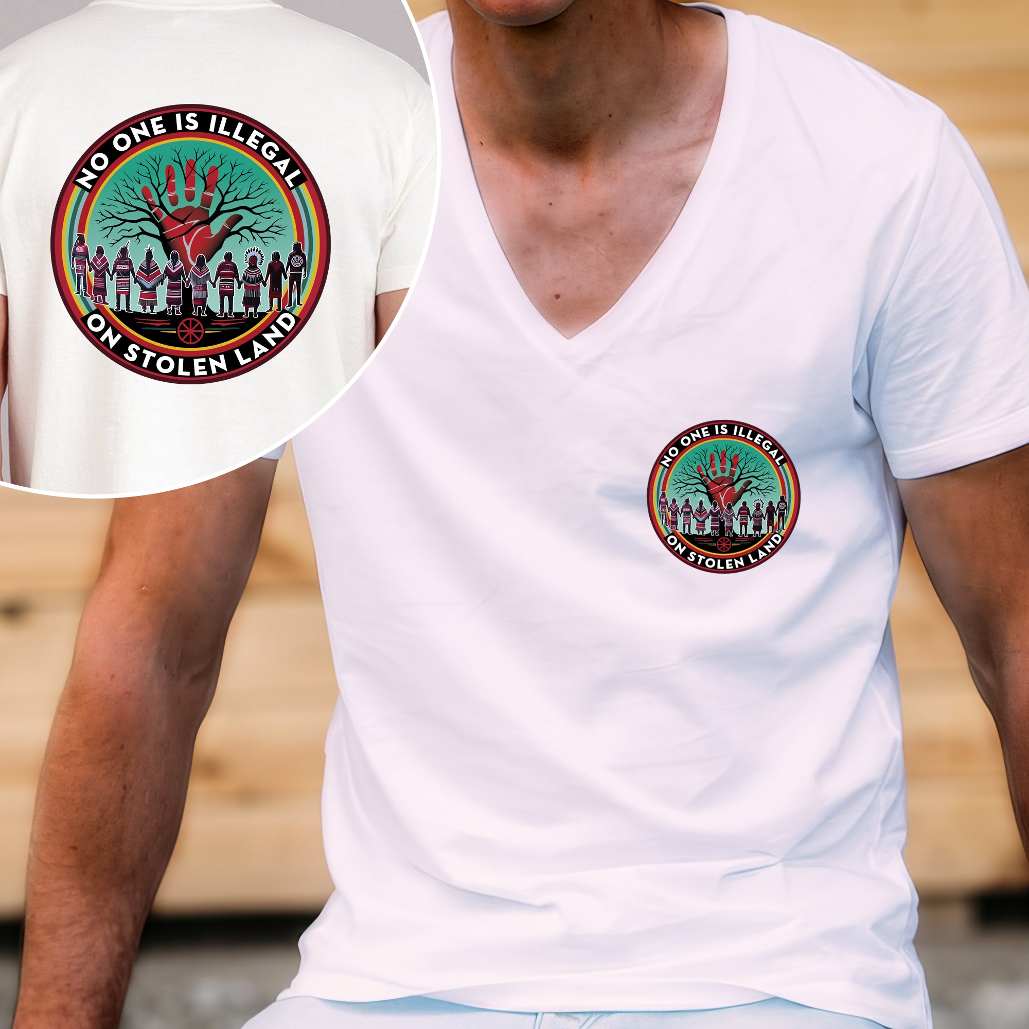 [Two Sides] No One Is Illegal On Stolen Land. We Walk On Native Land - Two Sides Unisex T-Shirt/T-Shirt V-Neck/Hoodie/Sweatshirt N27