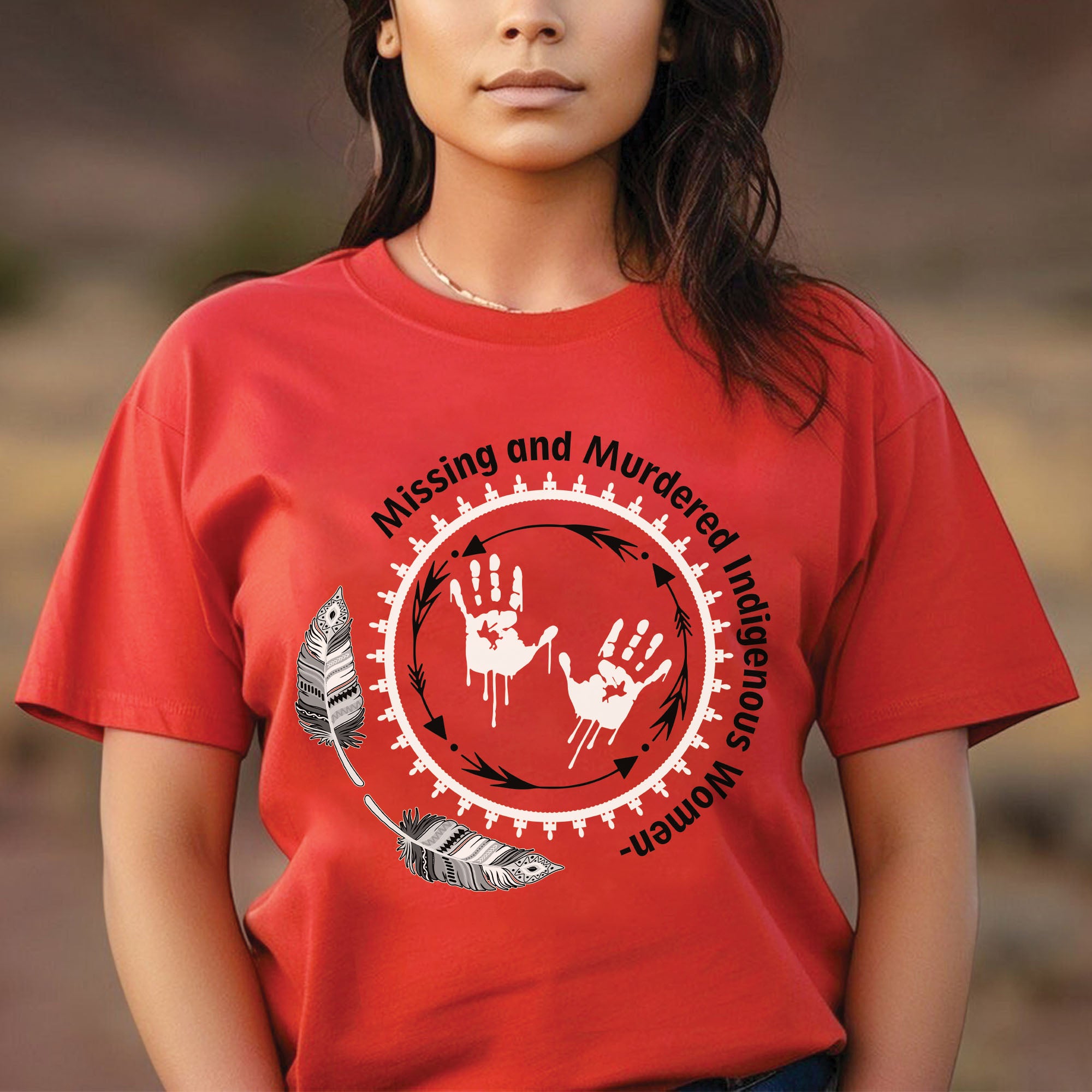 MMIW Awareness Honoring MMIW – Red Tee with Handprint & Sacred Feather Unisex T-shirt/T-shirt V-Neck/Hoodie/Sweatshirt