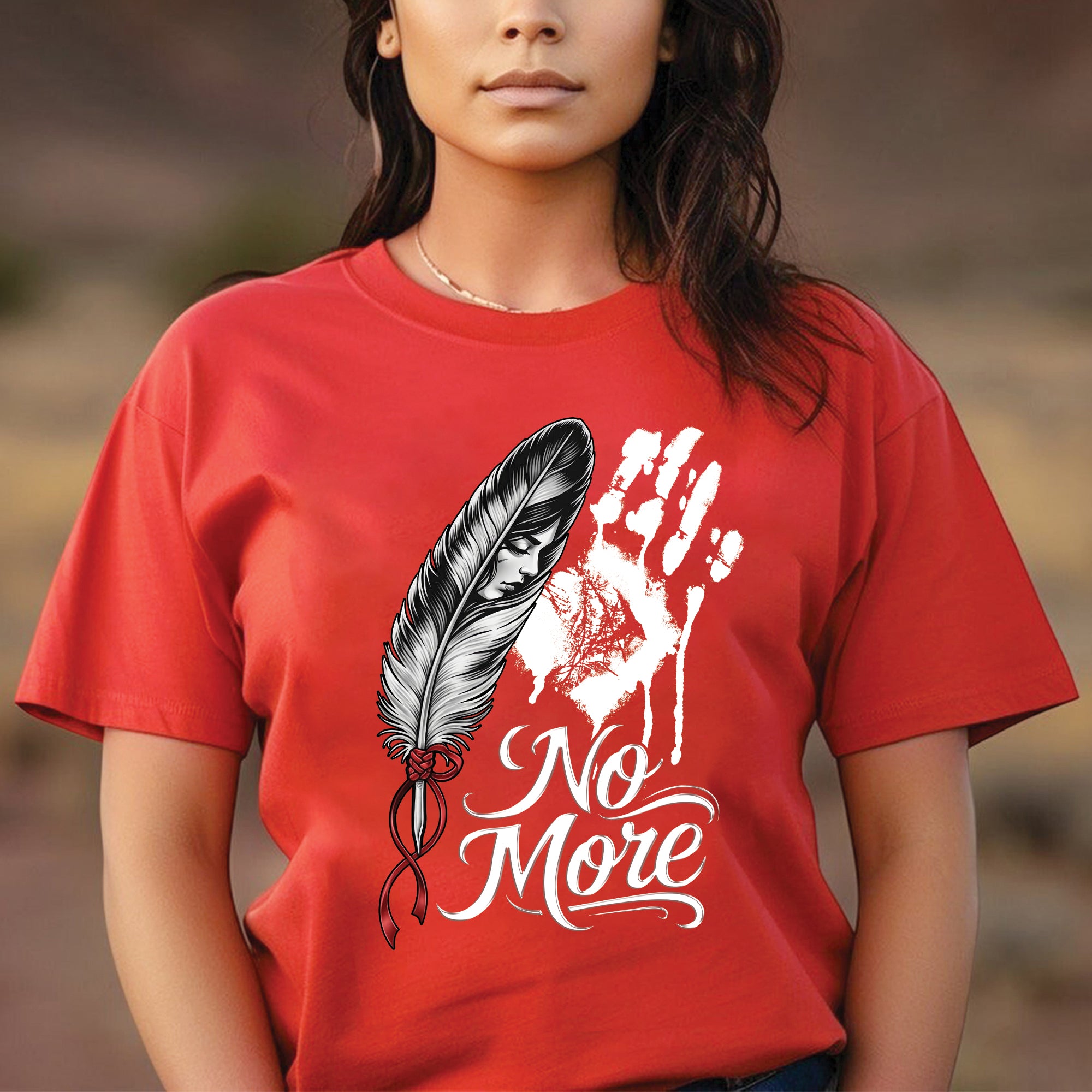 No More MMIW Awareness - Native American Feather & Handprint Design Unisex T-shirt/T-shirt V-Neck/Hoodie/Sweatshirt