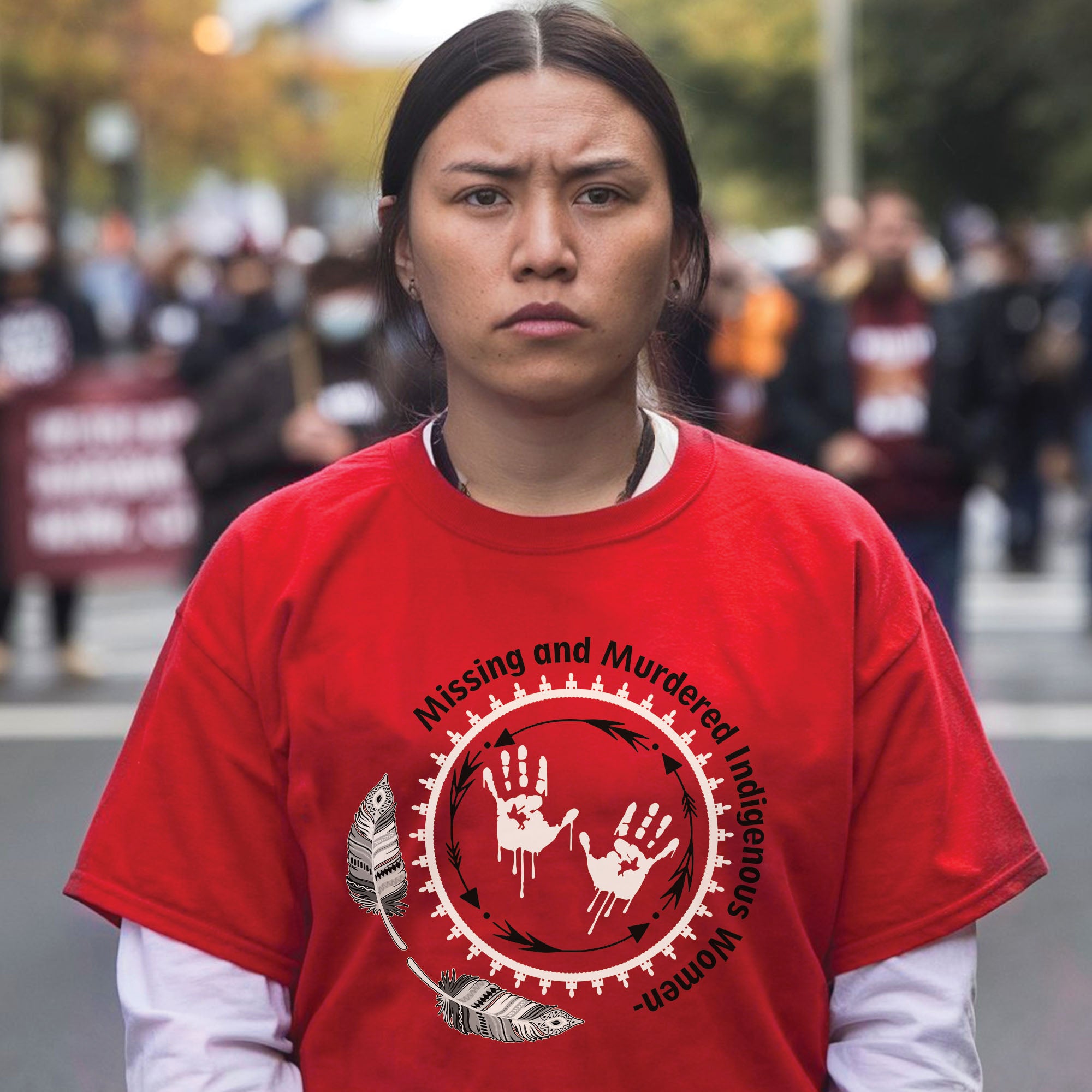 MMIW Awareness Honoring MMIW – Red Tee with Handprint & Sacred Feather Unisex T-shirt/T-shirt V-Neck/Hoodie/Sweatshirt